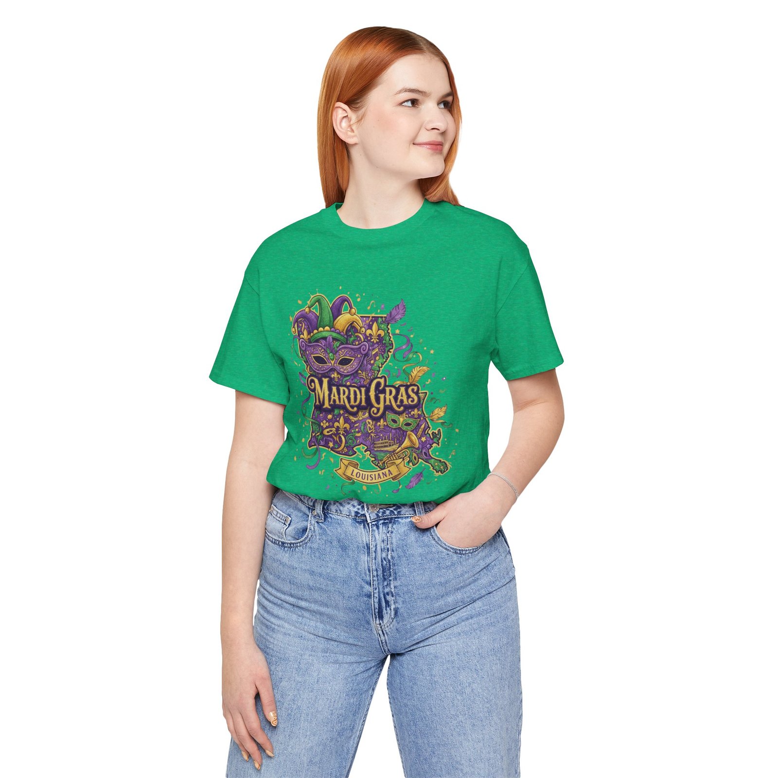 Louisiana Mardi Gras State Silhouette T-Shirt | Purple Green Gold - Image 74