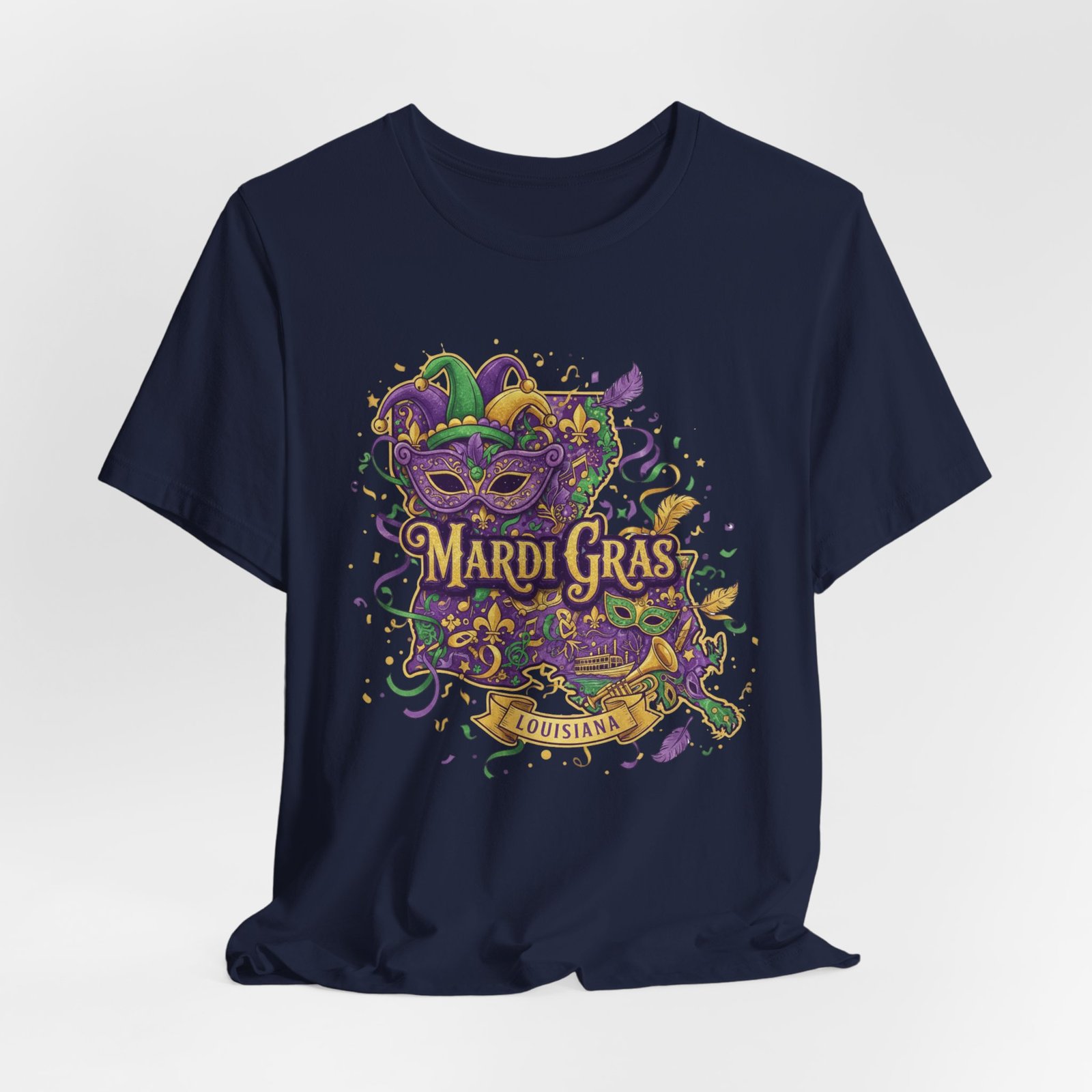 Louisiana Mardi Gras State Silhouette T-Shirt | Purple Green Gold - Image 180