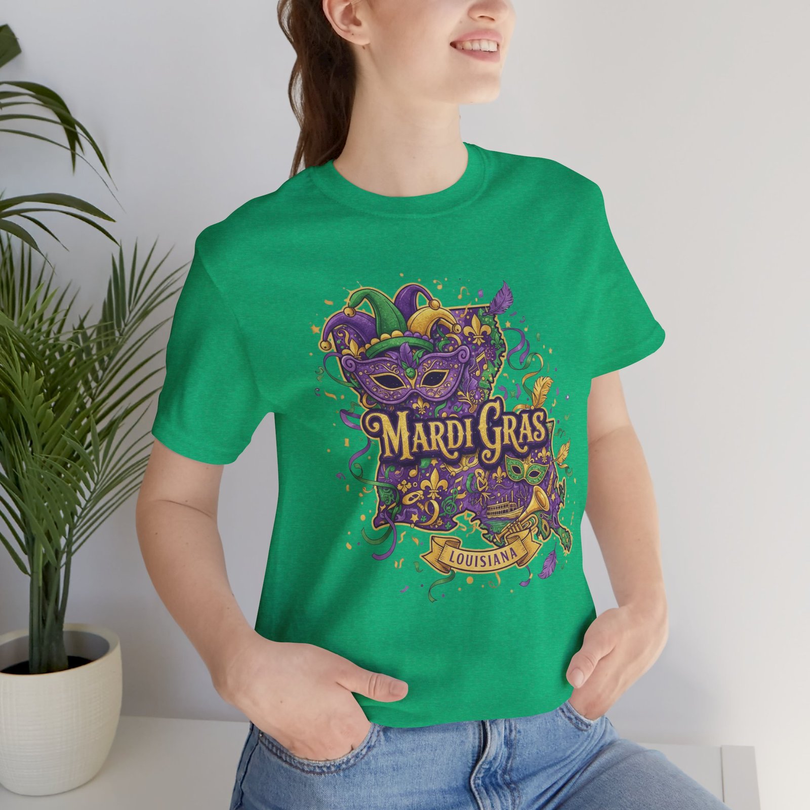 Louisiana Mardi Gras State Silhouette T-Shirt | Purple Green Gold - Image 72