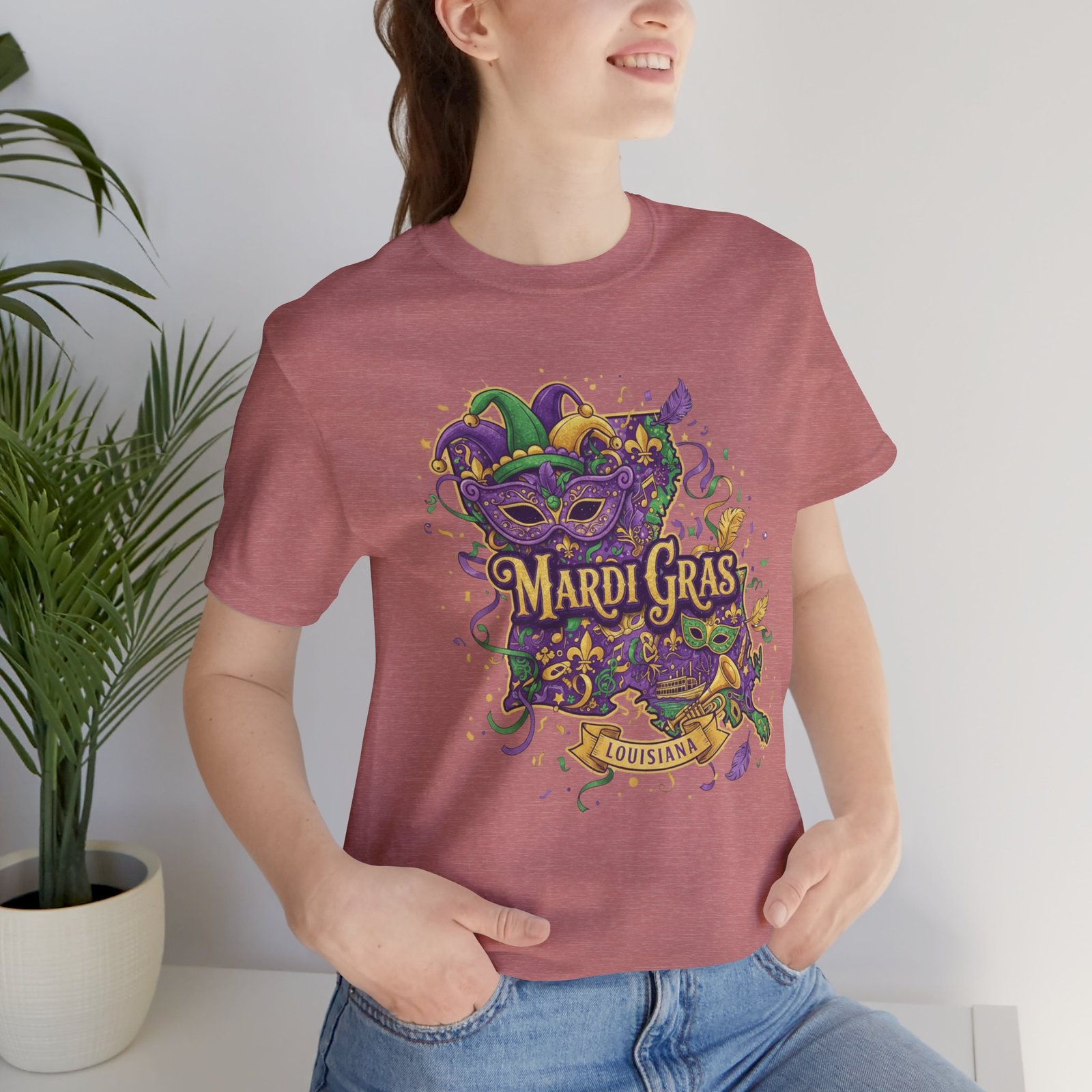 Louisiana Mardi Gras State Silhouette T-Shirt | Purple Green Gold - Image 17