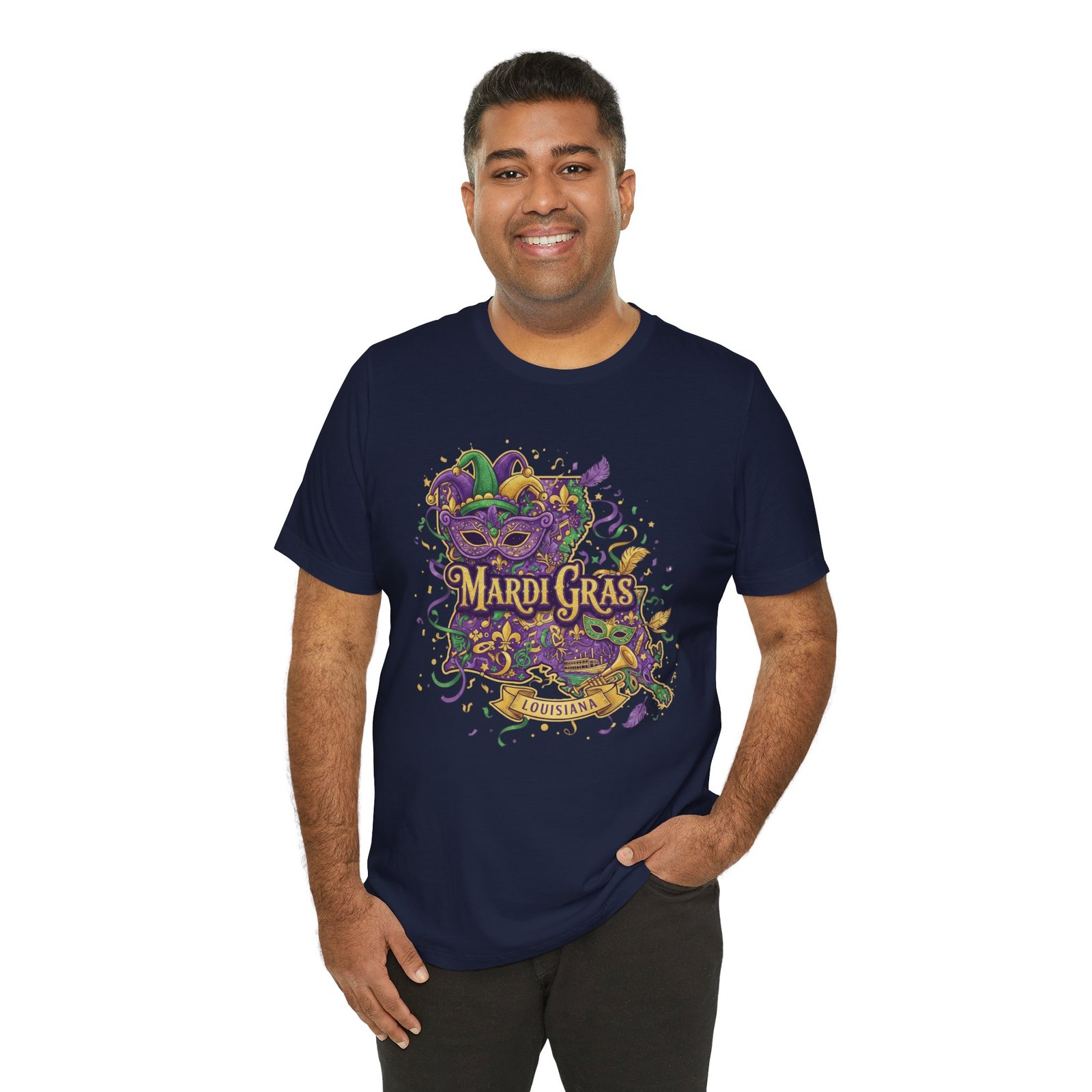 Louisiana Mardi Gras State Silhouette T-Shirt | Purple Green Gold - Image 185