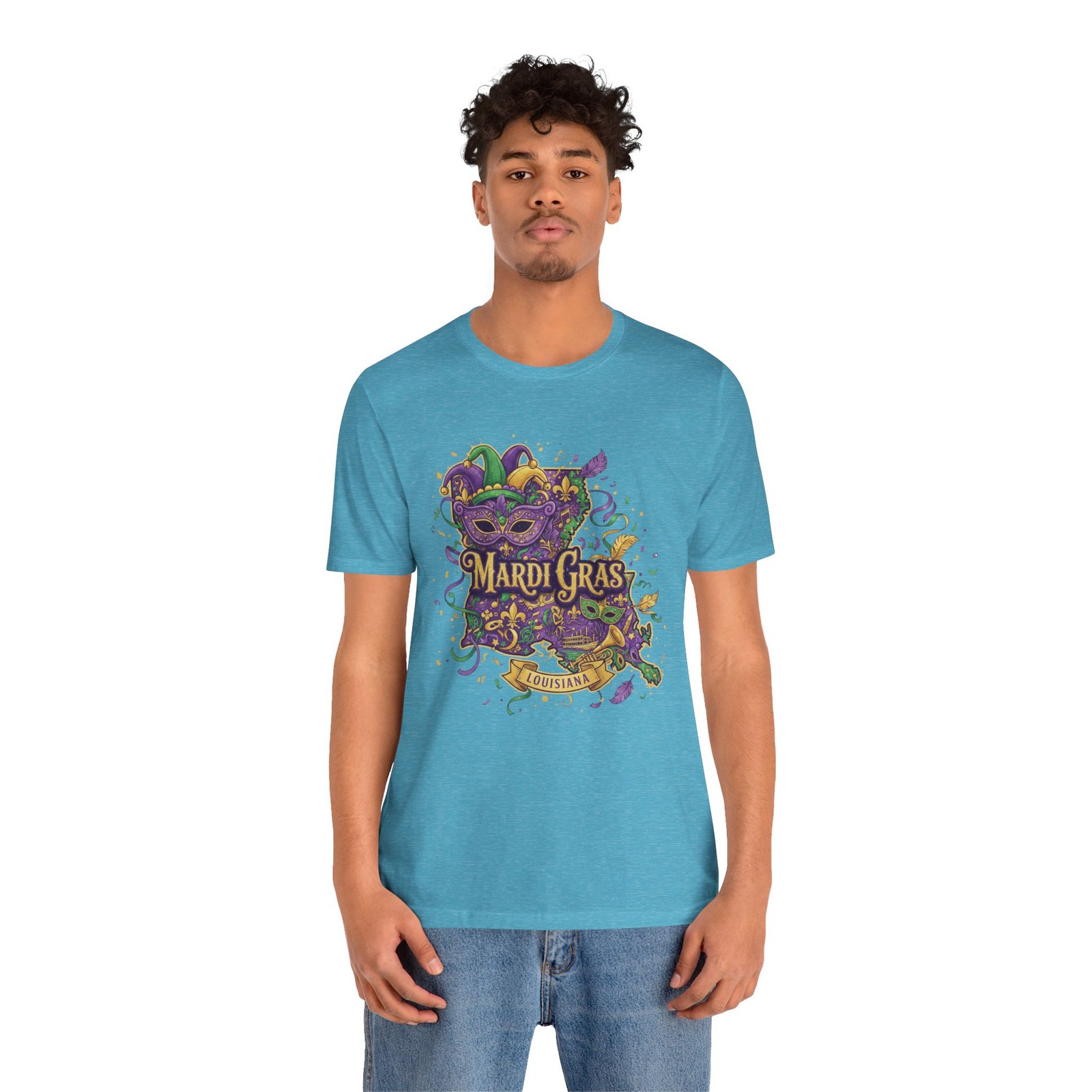 Louisiana Mardi Gras State Silhouette T-Shirt | Purple Green Gold - Image 176