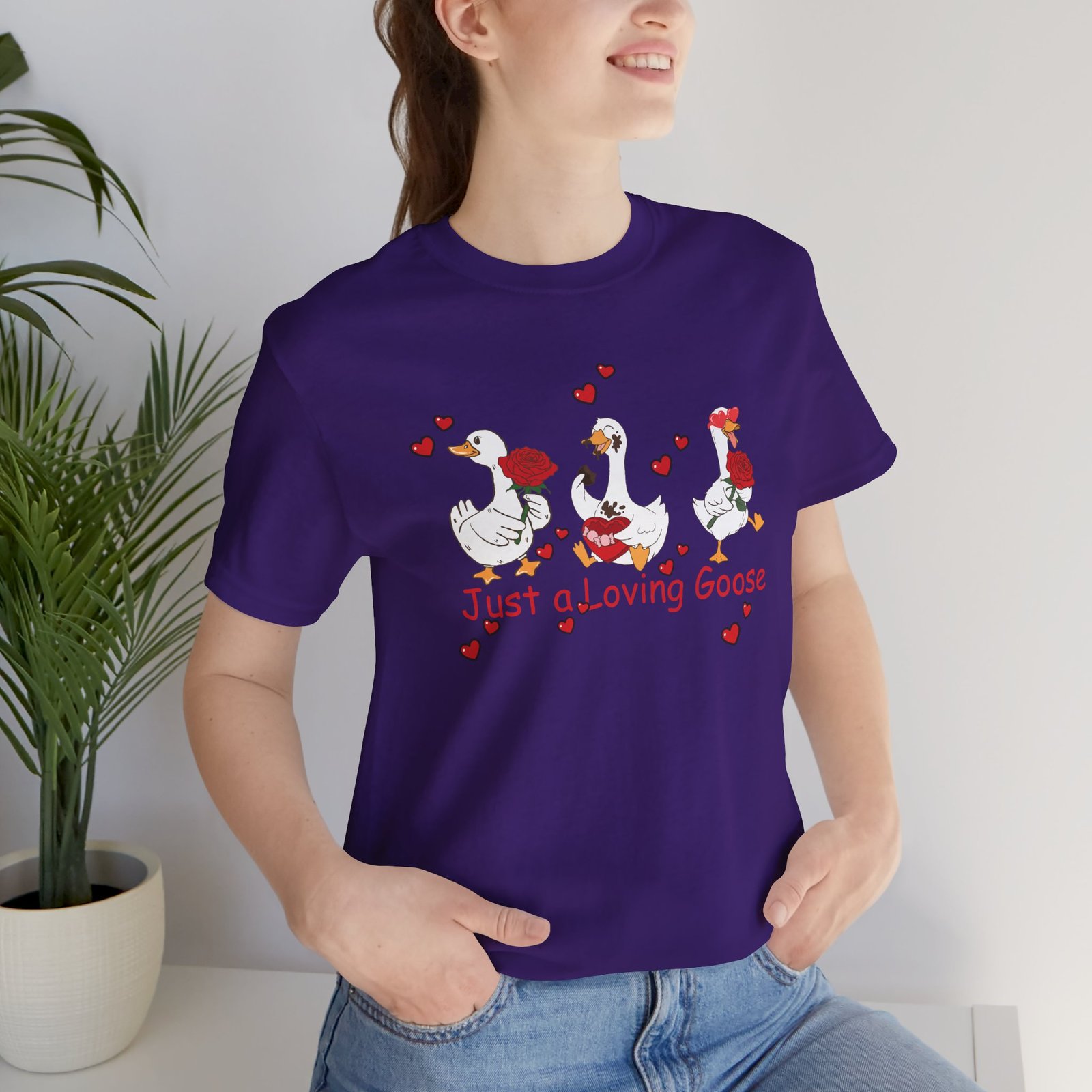 Just a Loving Goose Tee | Cute Goose Trio with Roses & Hearts - Image 63