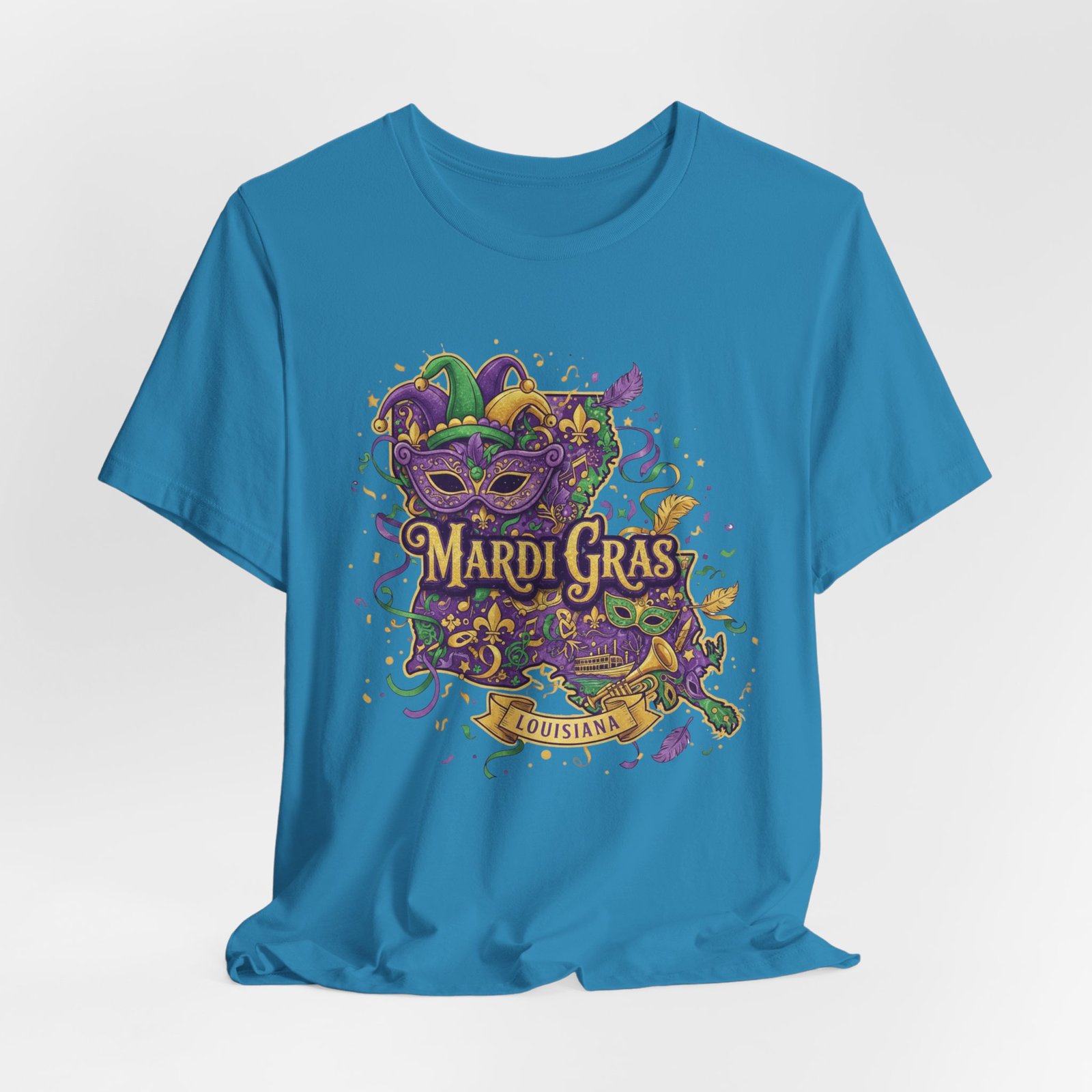 Louisiana Mardi Gras State Silhouette T-Shirt | Purple Green Gold - Image 114