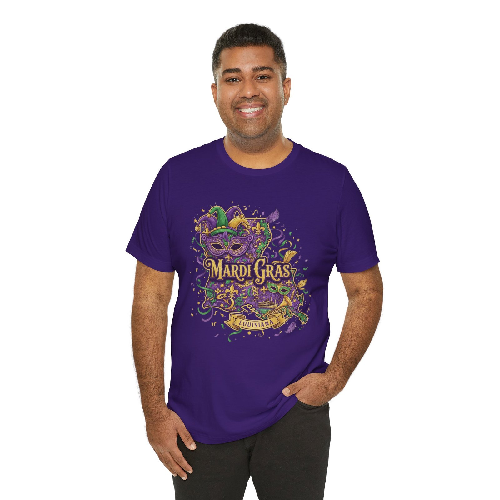 Louisiana Mardi Gras State Silhouette T-Shirt | Purple Green Gold - Image 196
