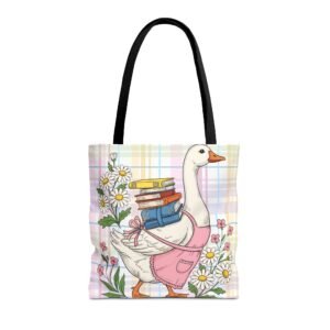 Scholarly Goose Illustration Tote Bag | Cottagecore Pastel Plaid, Daisy Accent