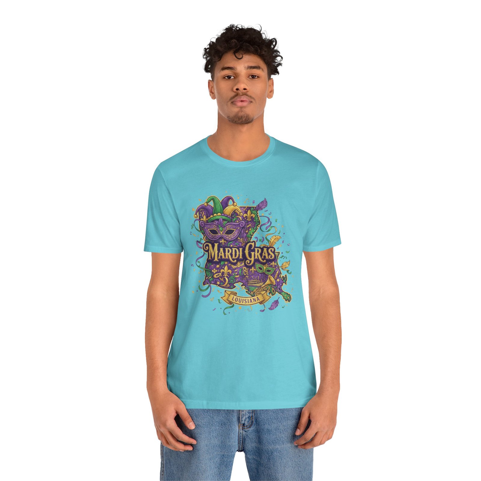 Louisiana Mardi Gras State Silhouette T-Shirt | Purple Green Gold - Image 132