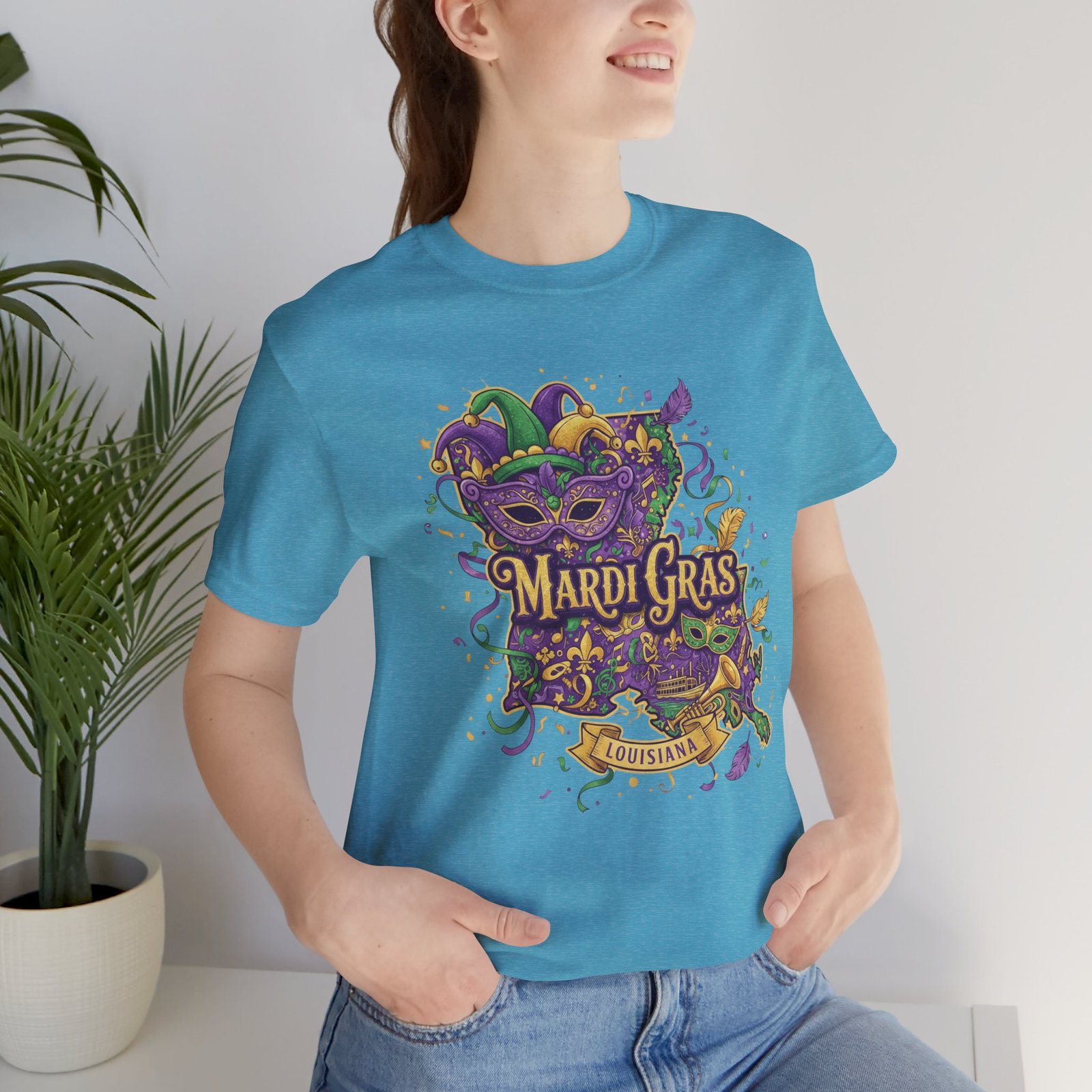 Louisiana Mardi Gras State Silhouette T-Shirt | Purple Green Gold - Image 171