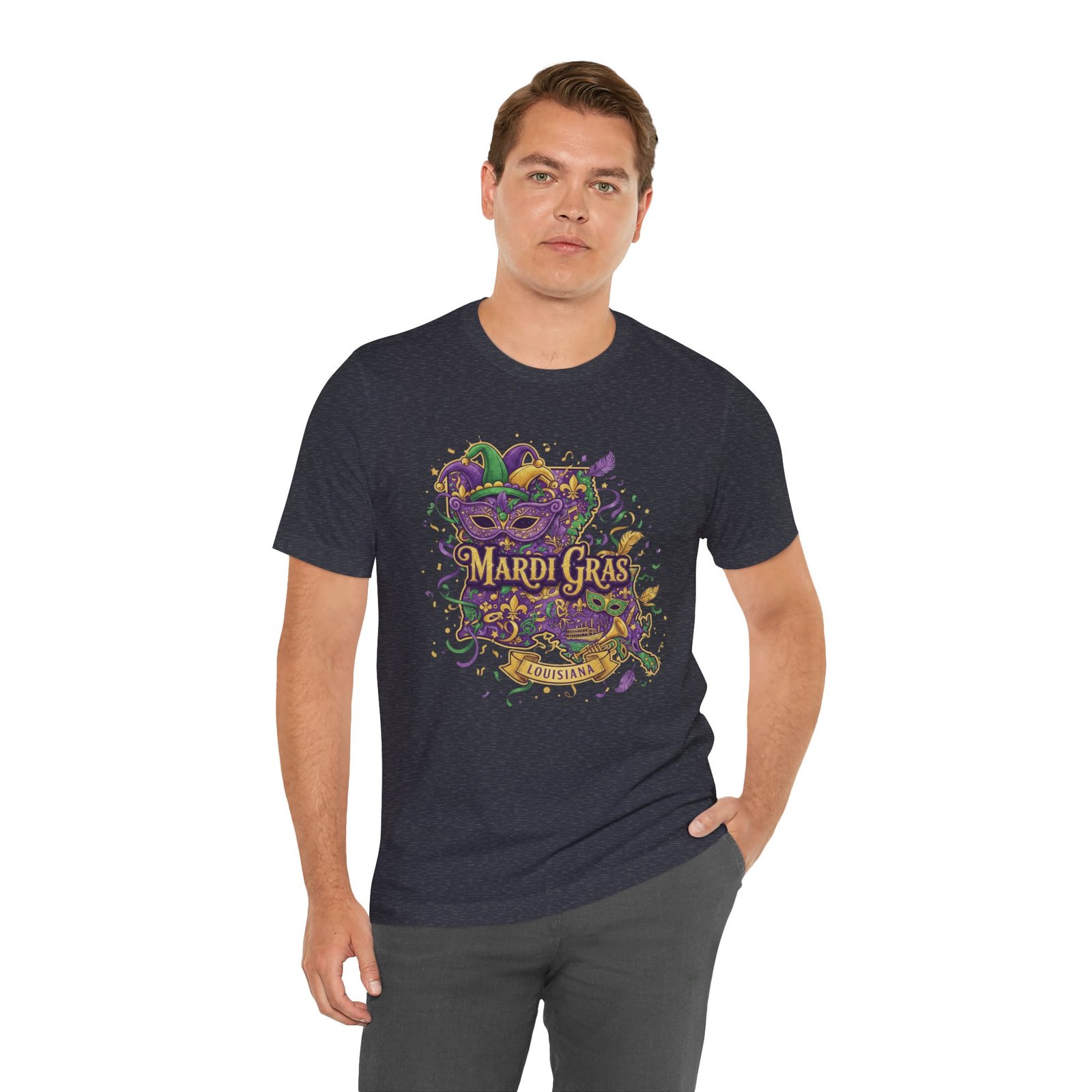 Louisiana Mardi Gras State Silhouette T-Shirt | Purple Green Gold - Image 164