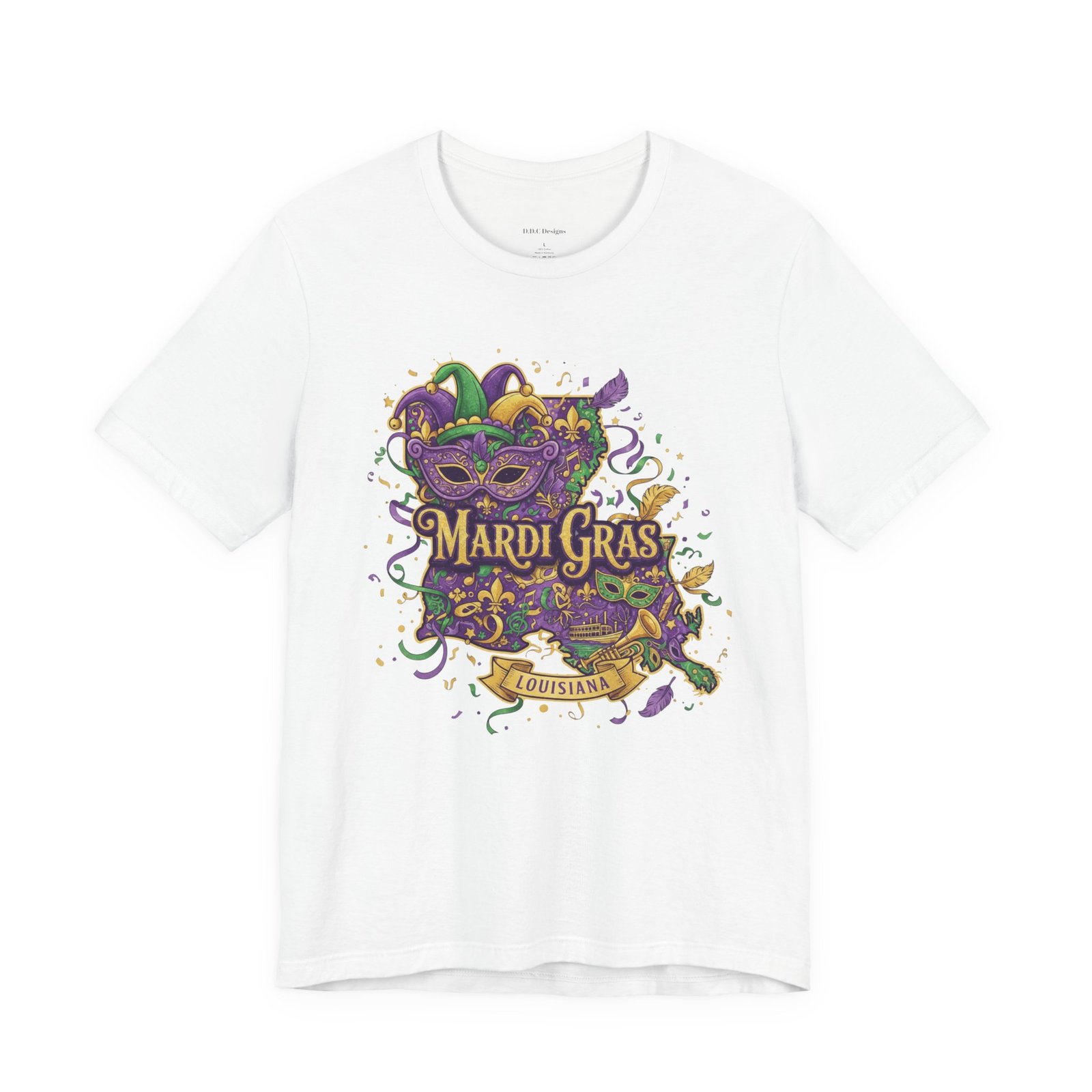 Louisiana Mardi Gras State Silhouette T-Shirt | Purple Green Gold - Image 2