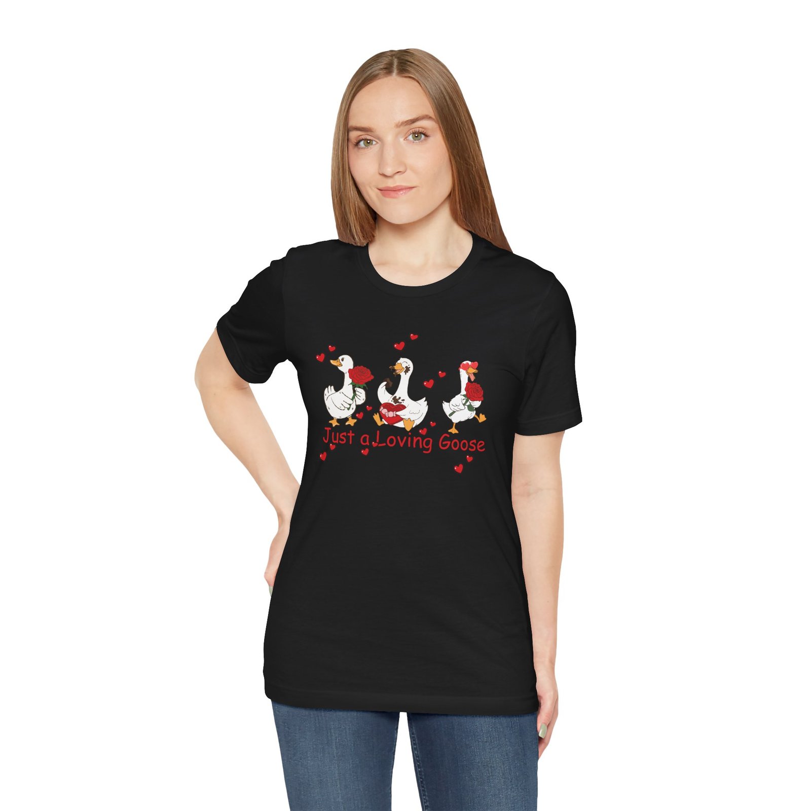 Just a Loving Goose Tee | Cute Goose Trio with Roses & Hearts - Image 21