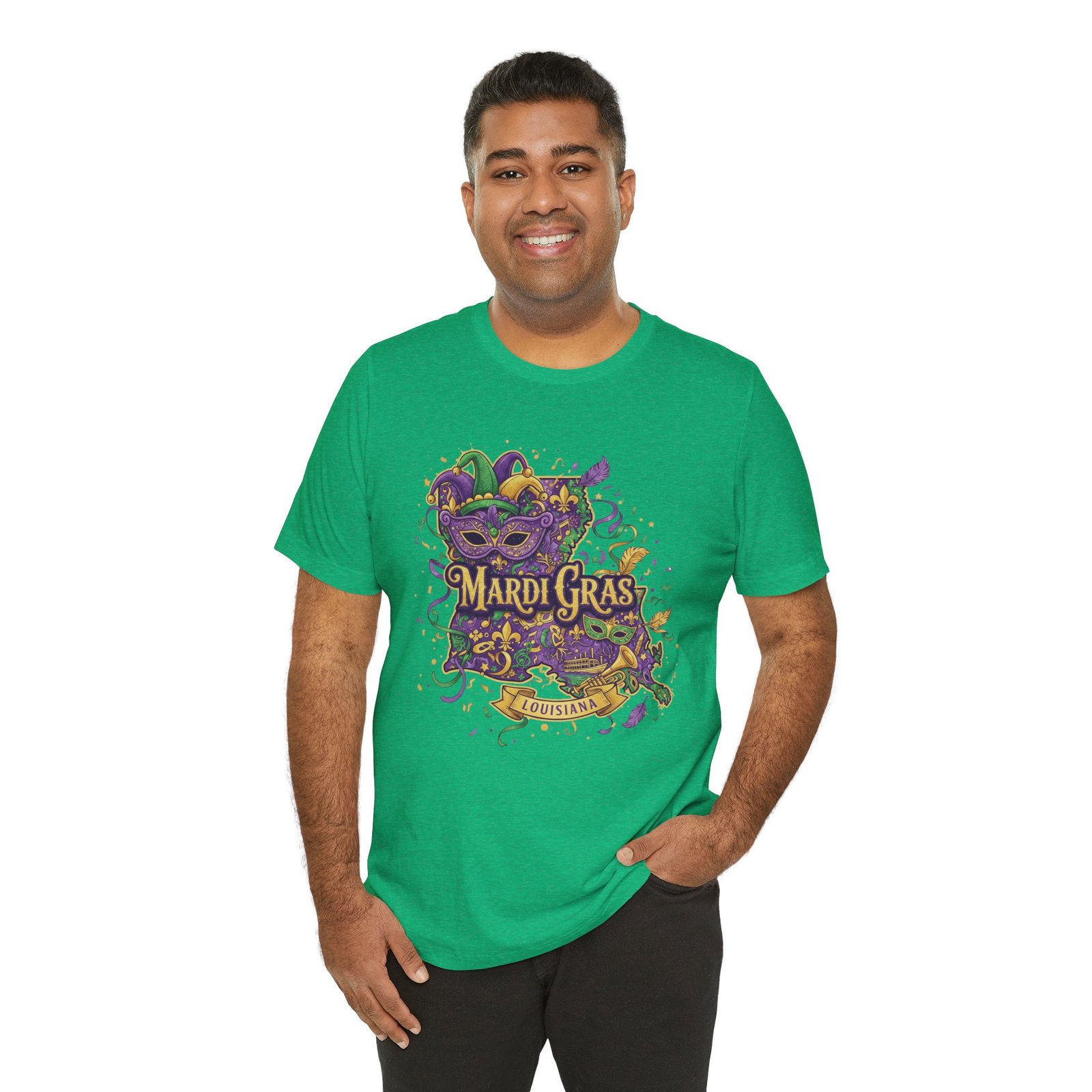 Louisiana Mardi Gras State Silhouette T-Shirt | Purple Green Gold - Image 75