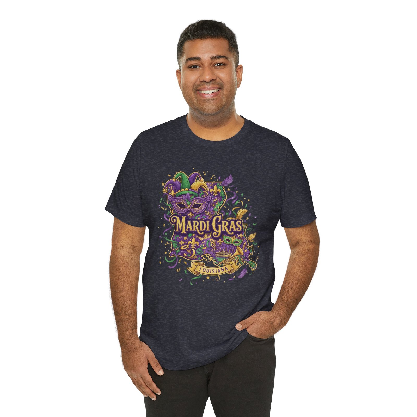 Louisiana Mardi Gras State Silhouette T-Shirt | Purple Green Gold - Image 163
