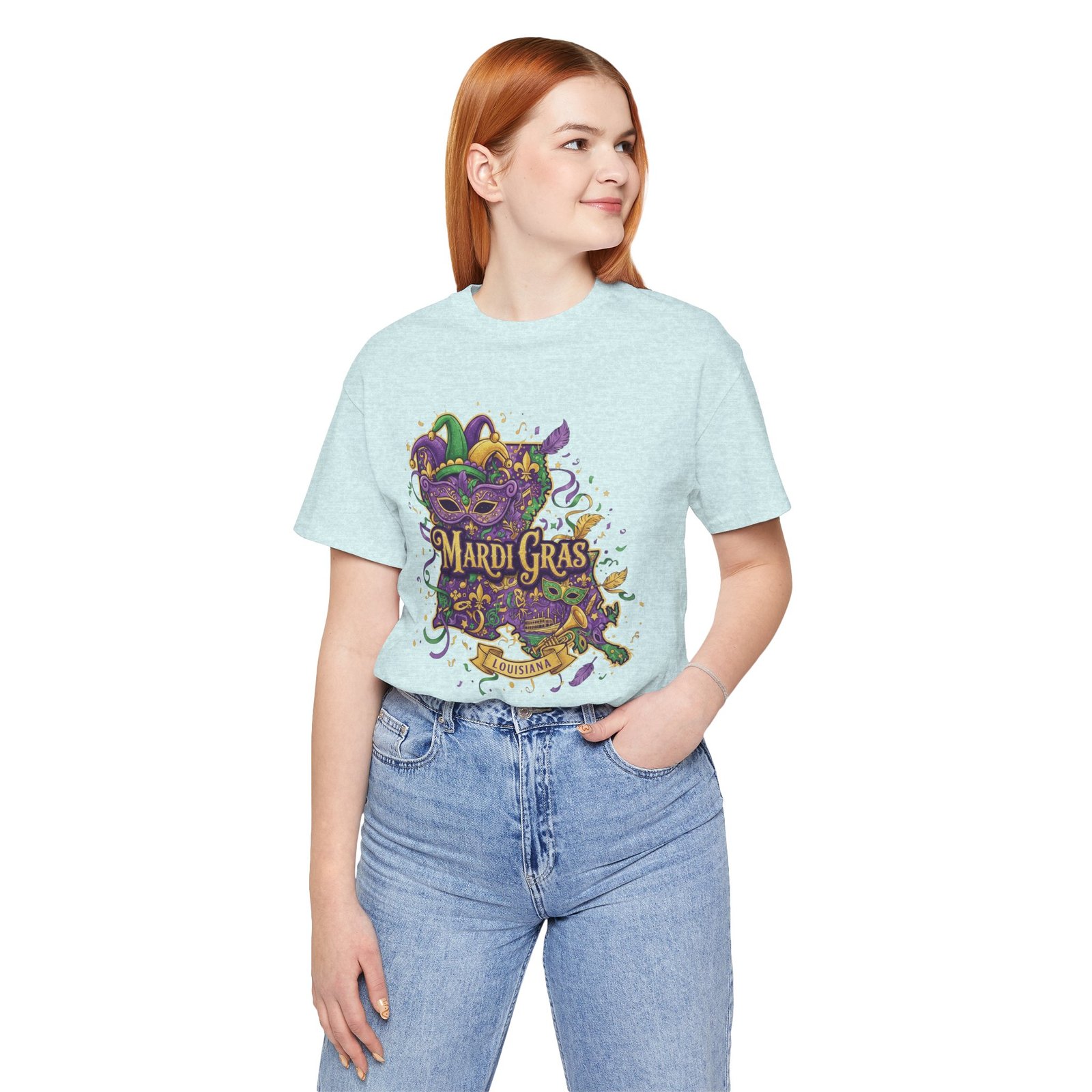 Louisiana Mardi Gras State Silhouette T-Shirt | Purple Green Gold - Image 107