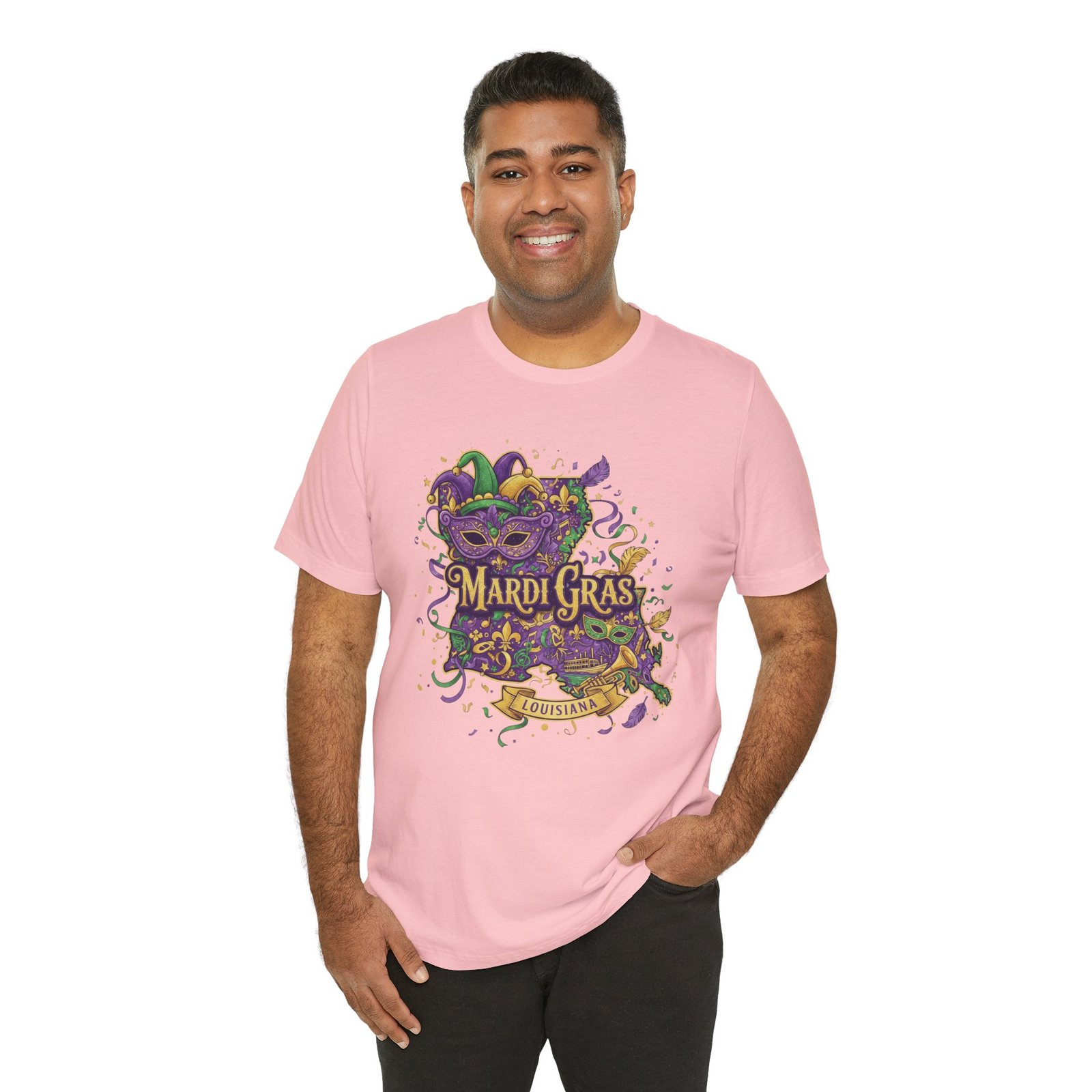 Louisiana Mardi Gras State Silhouette T-Shirt | Purple Green Gold - Image 229