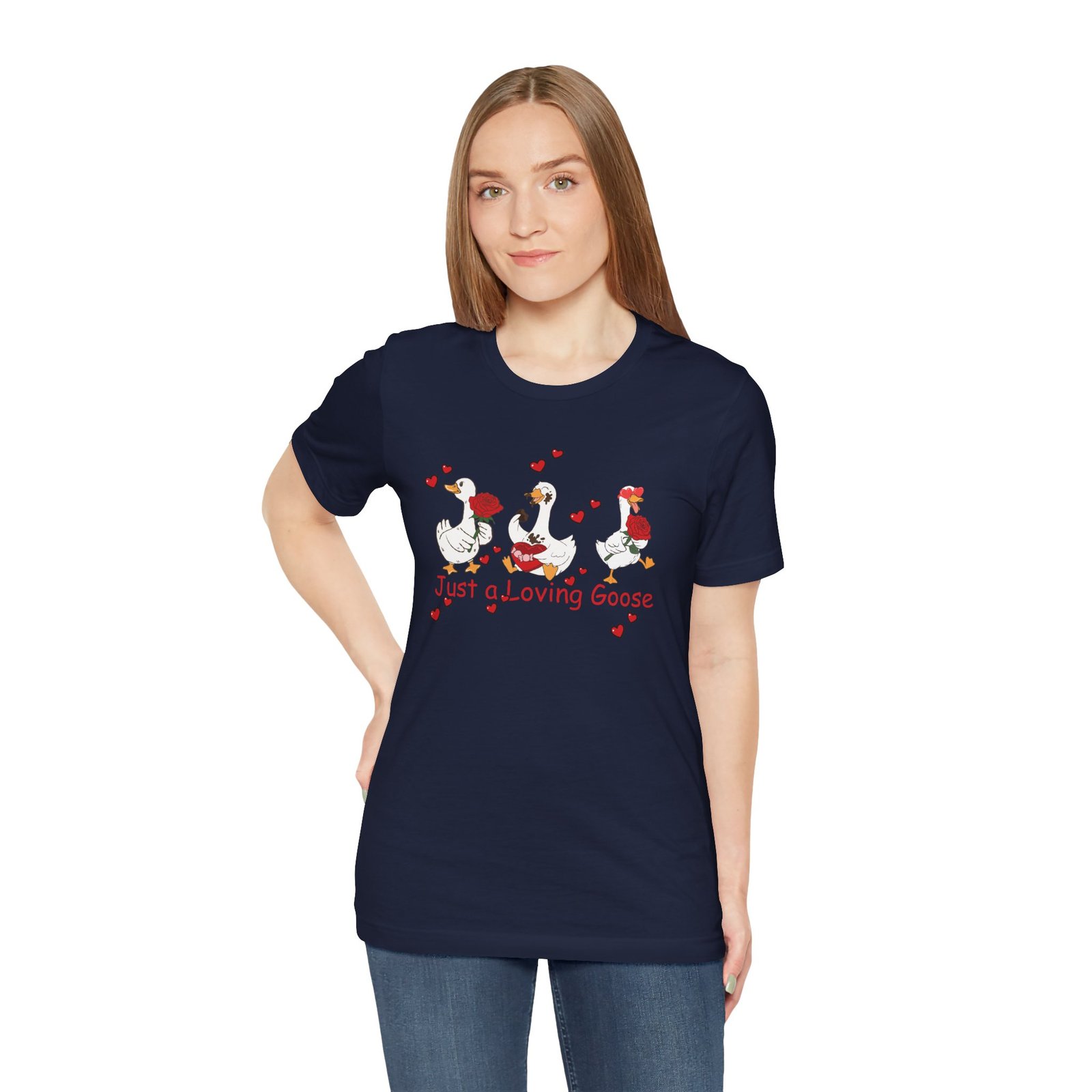 Just a Loving Goose Tee | Cute Goose Trio with Roses & Hearts - Image 53