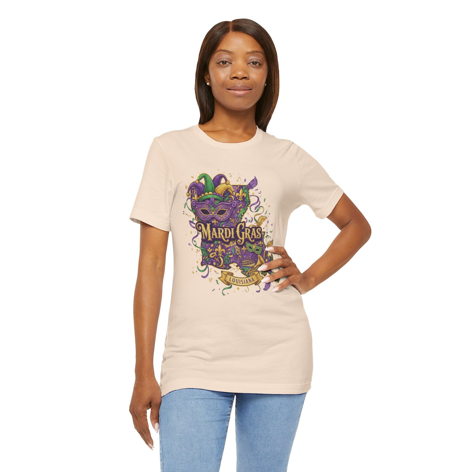 Louisiana Mardi Gras State Silhouette T-Shirt | Purple Green Gold - Image 51