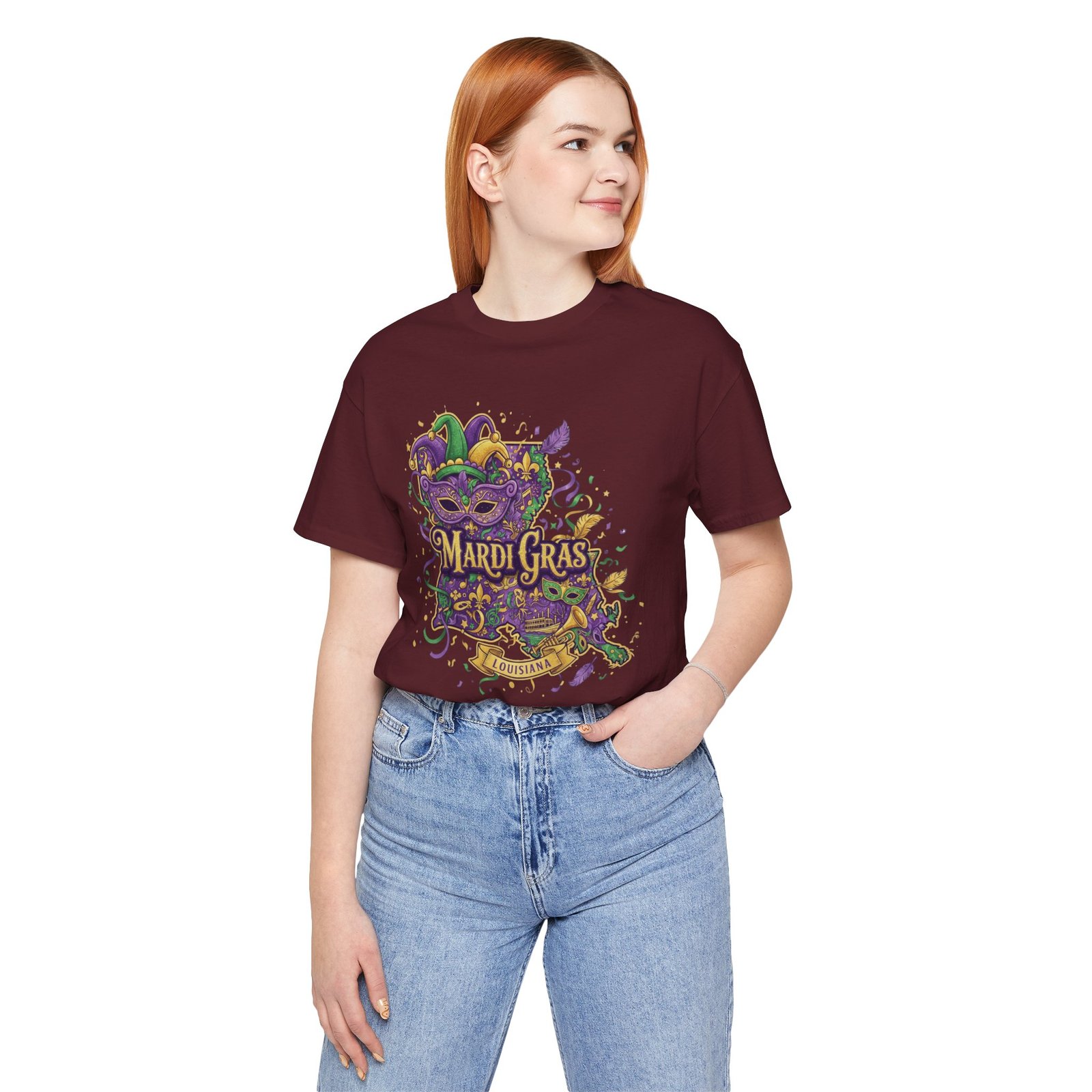 Louisiana Mardi Gras State Silhouette T-Shirt | Purple Green Gold - Image 217