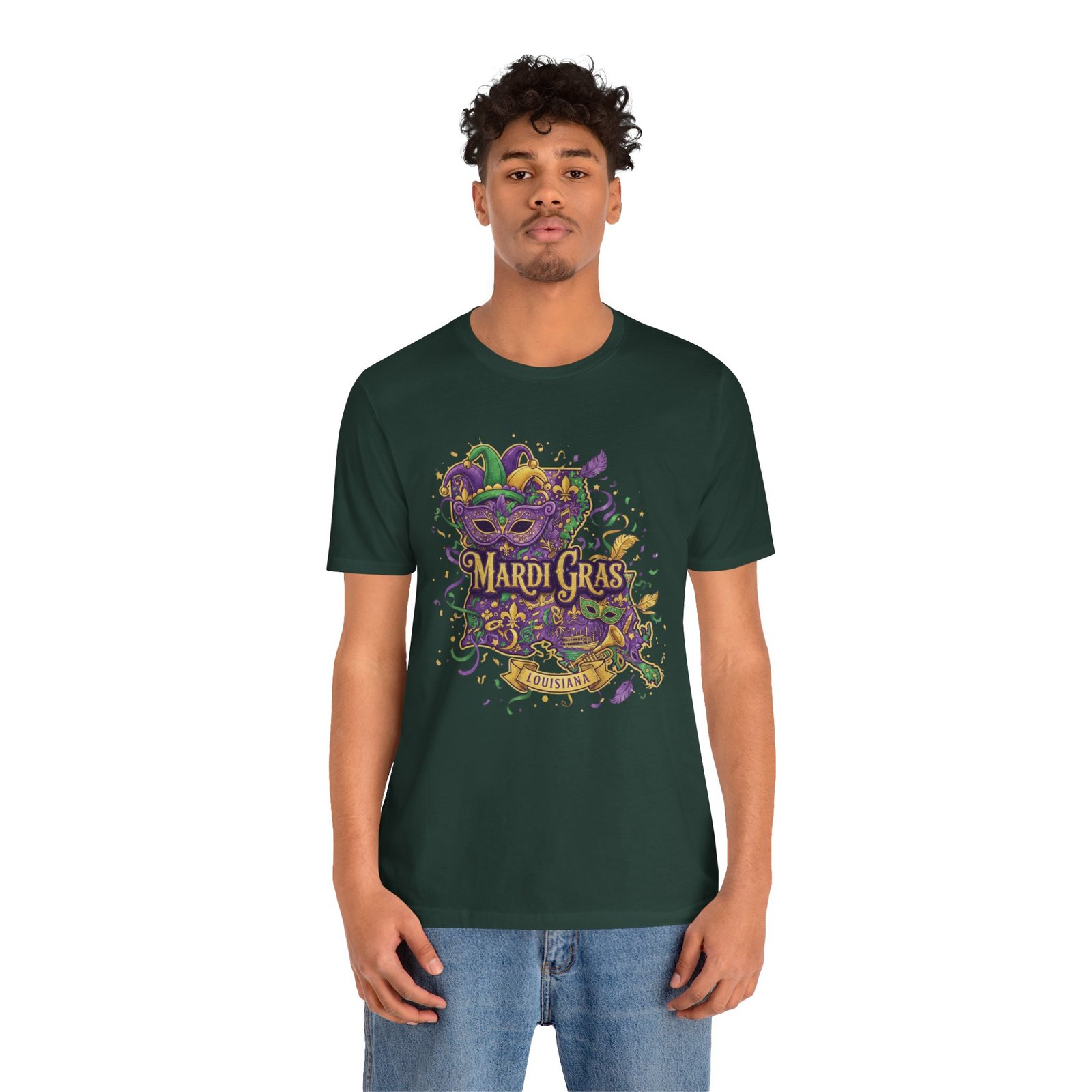 Louisiana Mardi Gras State Silhouette T-Shirt | Purple Green Gold - Image 99