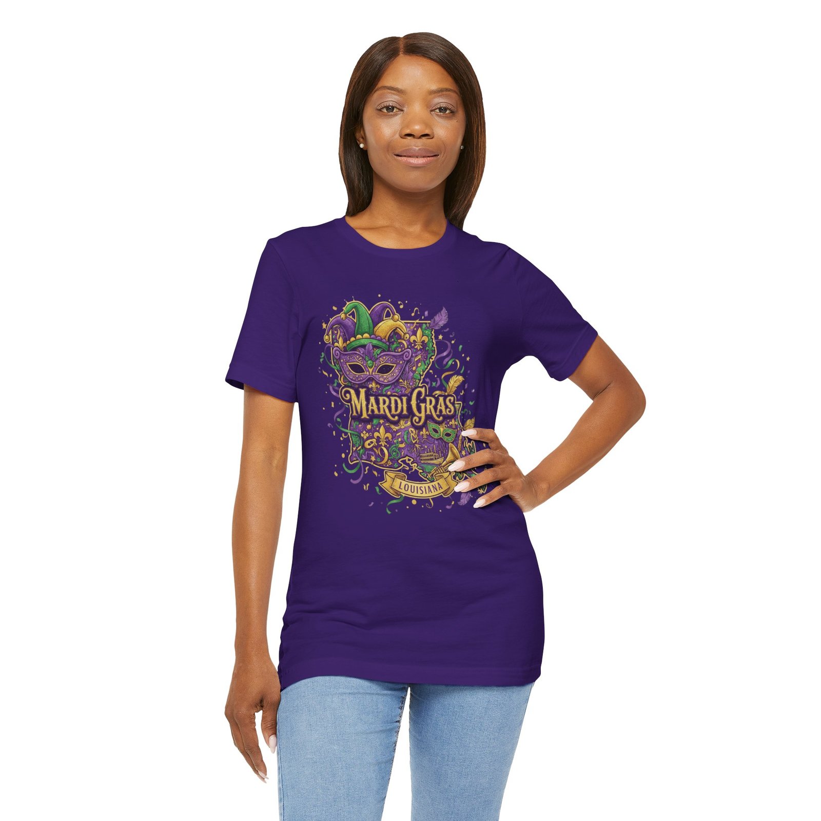 Louisiana Mardi Gras State Silhouette T-Shirt | Purple Green Gold - Image 194