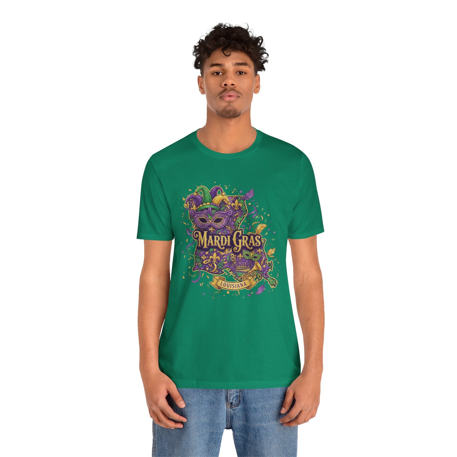 Louisiana Mardi Gras State Silhouette T-Shirt | Purple Green Gold - Image 88