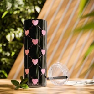 Edgy Black Glitter Heart Quilted Skinny Tumbler with Straw | 20oz