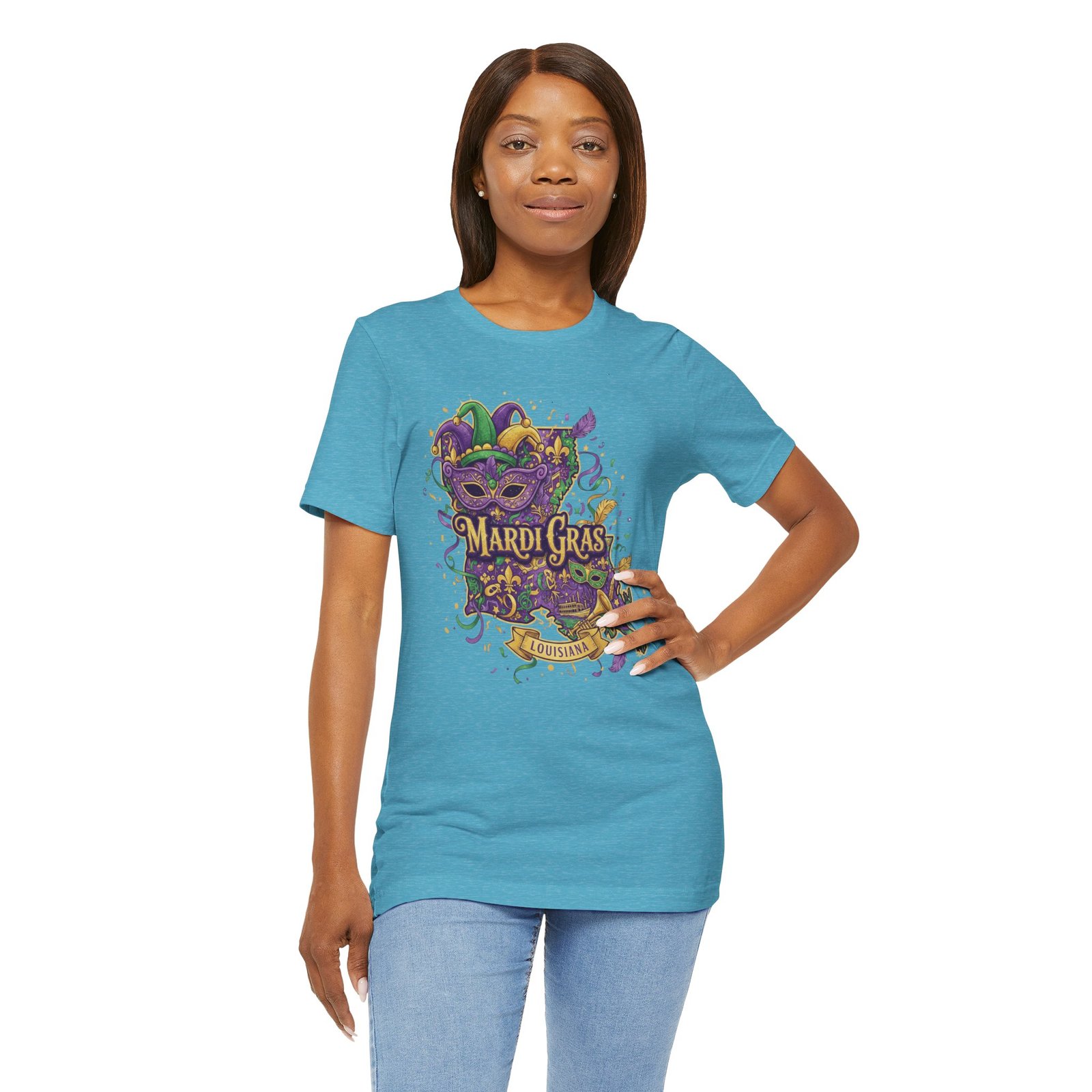 Louisiana Mardi Gras State Silhouette T-Shirt | Purple Green Gold - Image 172
