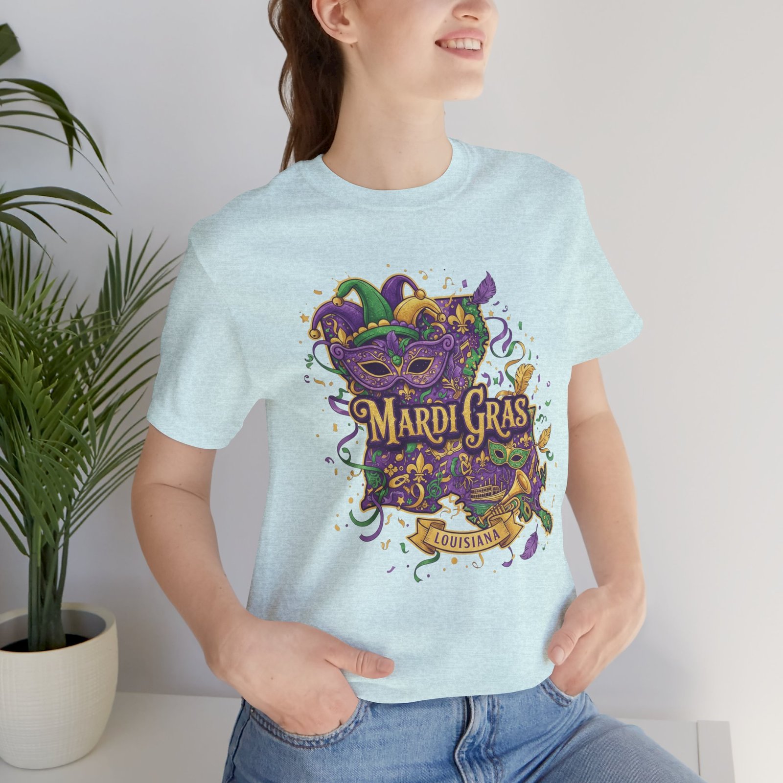 Louisiana Mardi Gras State Silhouette T-Shirt | Purple Green Gold - Image 105
