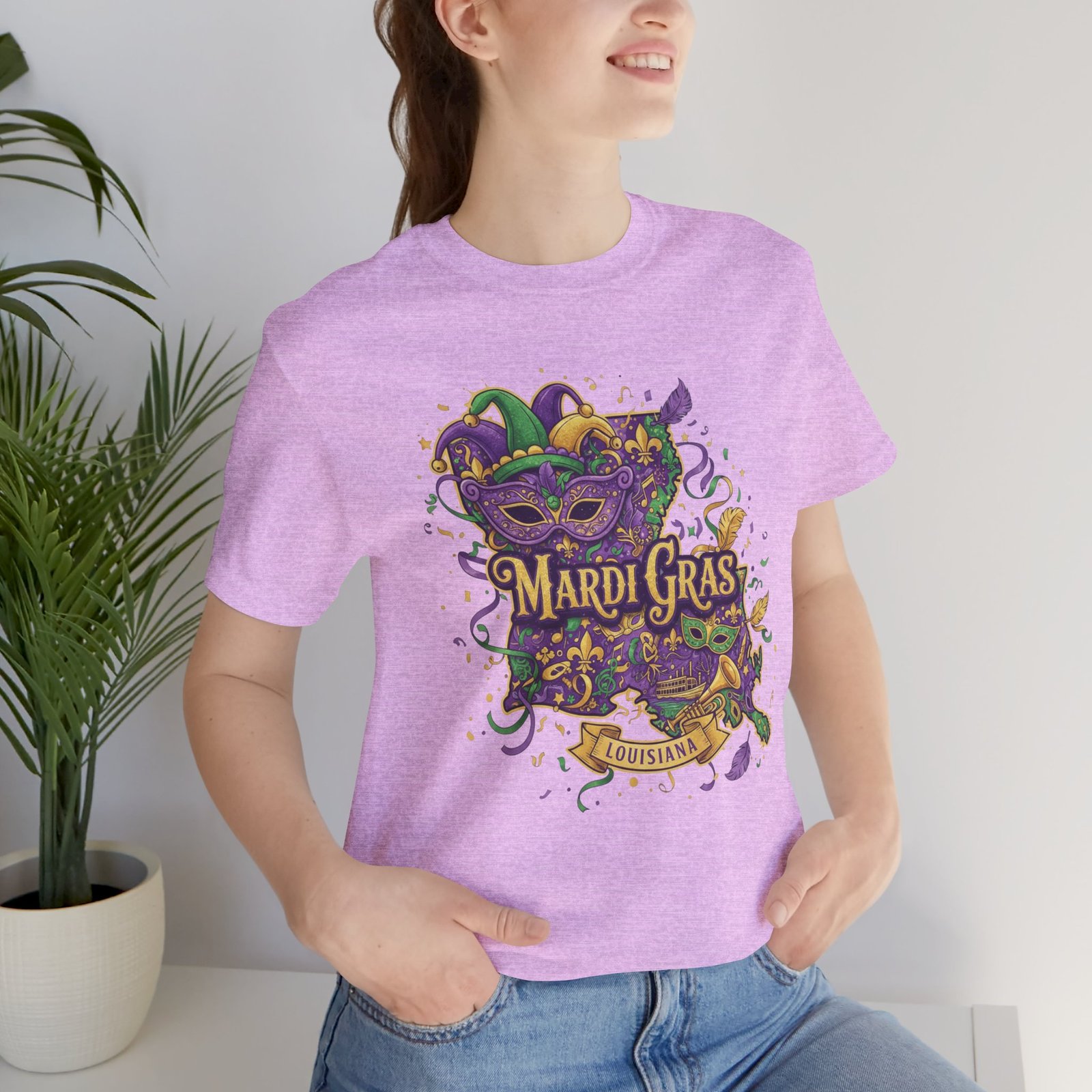 Louisiana Mardi Gras State Silhouette T-Shirt | Purple Green Gold - Image 204