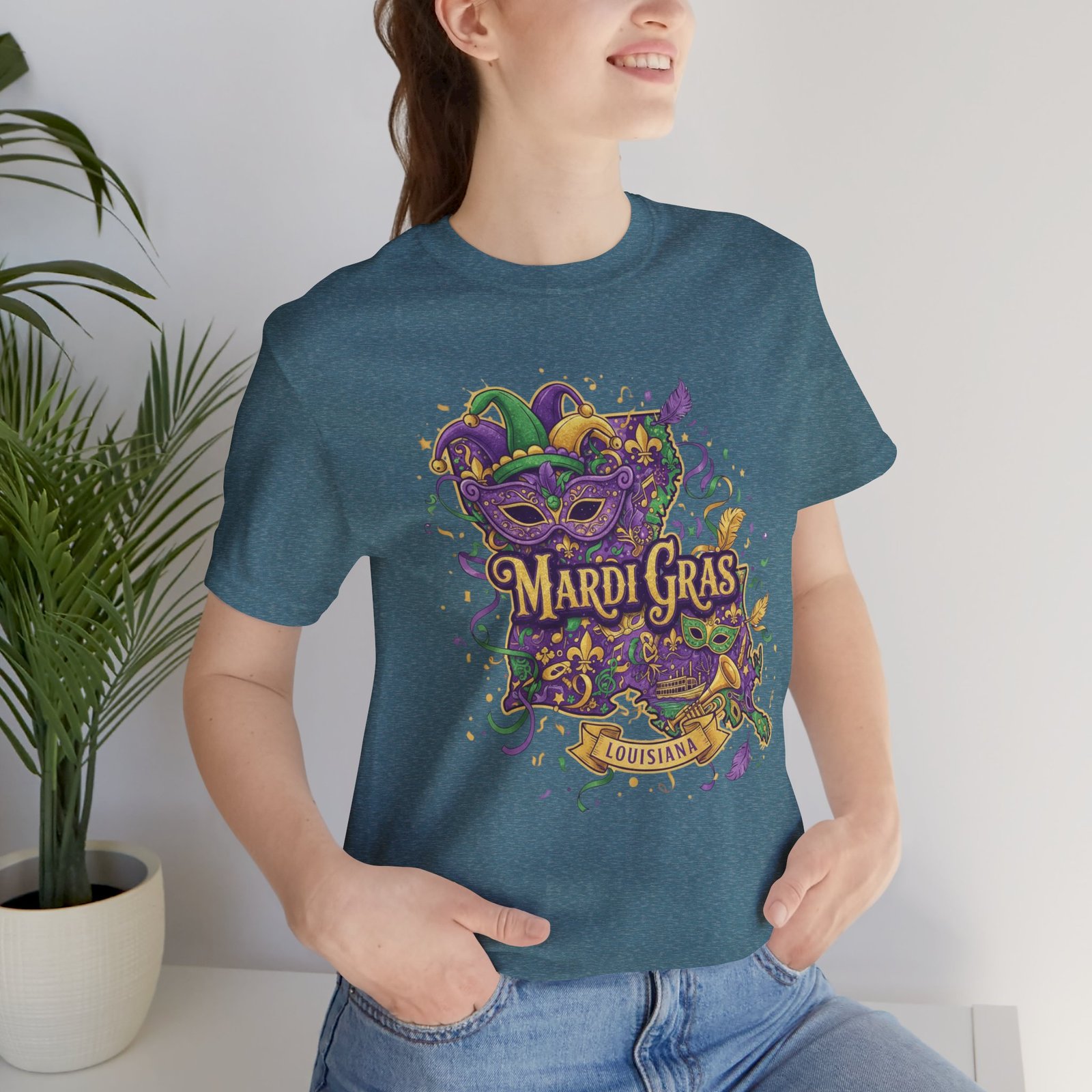 Louisiana Mardi Gras State Silhouette T-Shirt | Purple Green Gold - Image 149