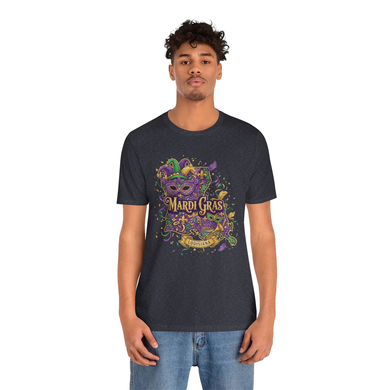 Louisiana Mardi Gras State Silhouette T-Shirt | Purple Green Gold - Image 165