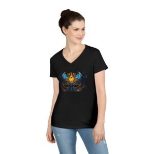 Mardi Gras Mask V-Neck T-Shirt | Turquoise Gold Masquerade