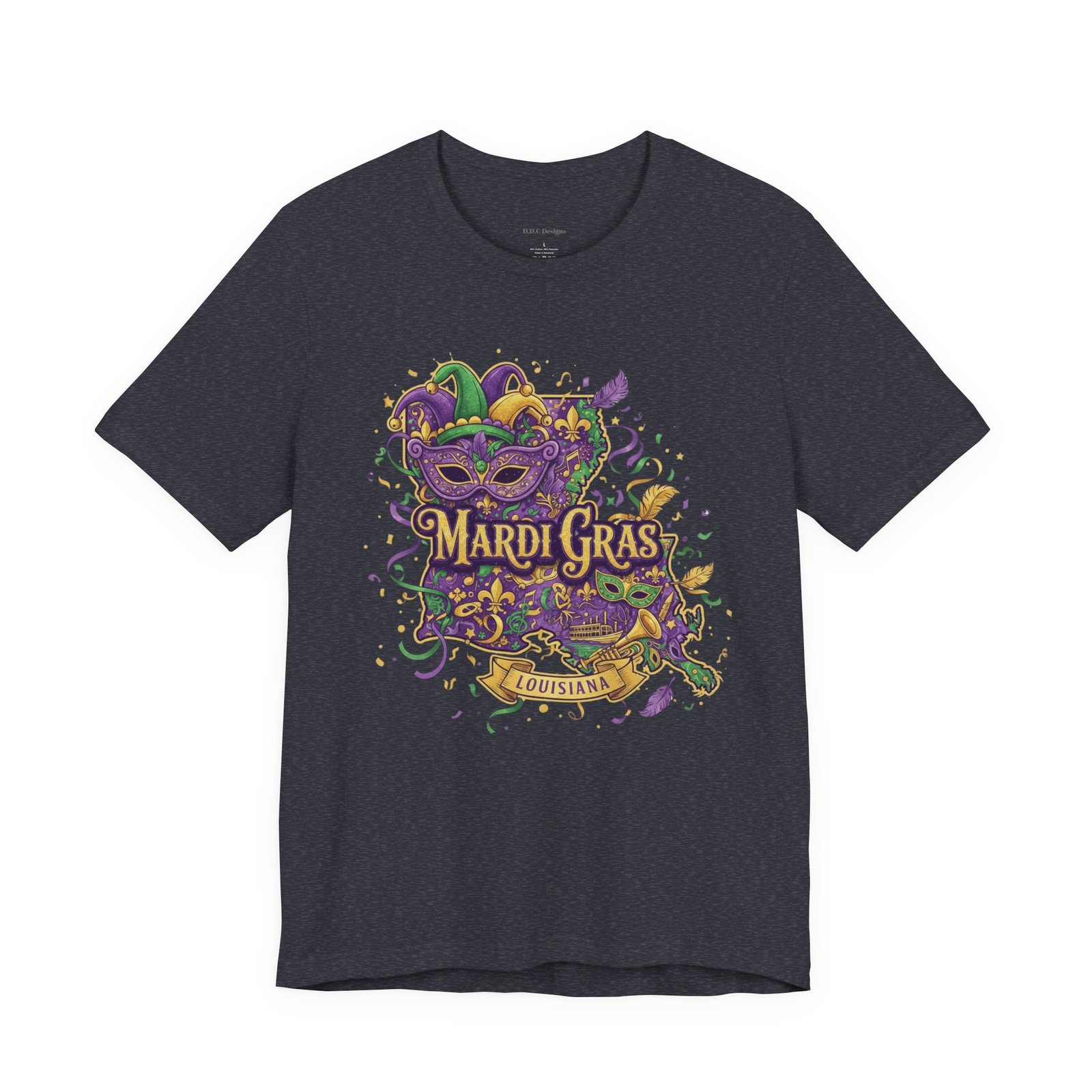 Louisiana Mardi Gras State Silhouette T-Shirt | Purple Green Gold - Image 155