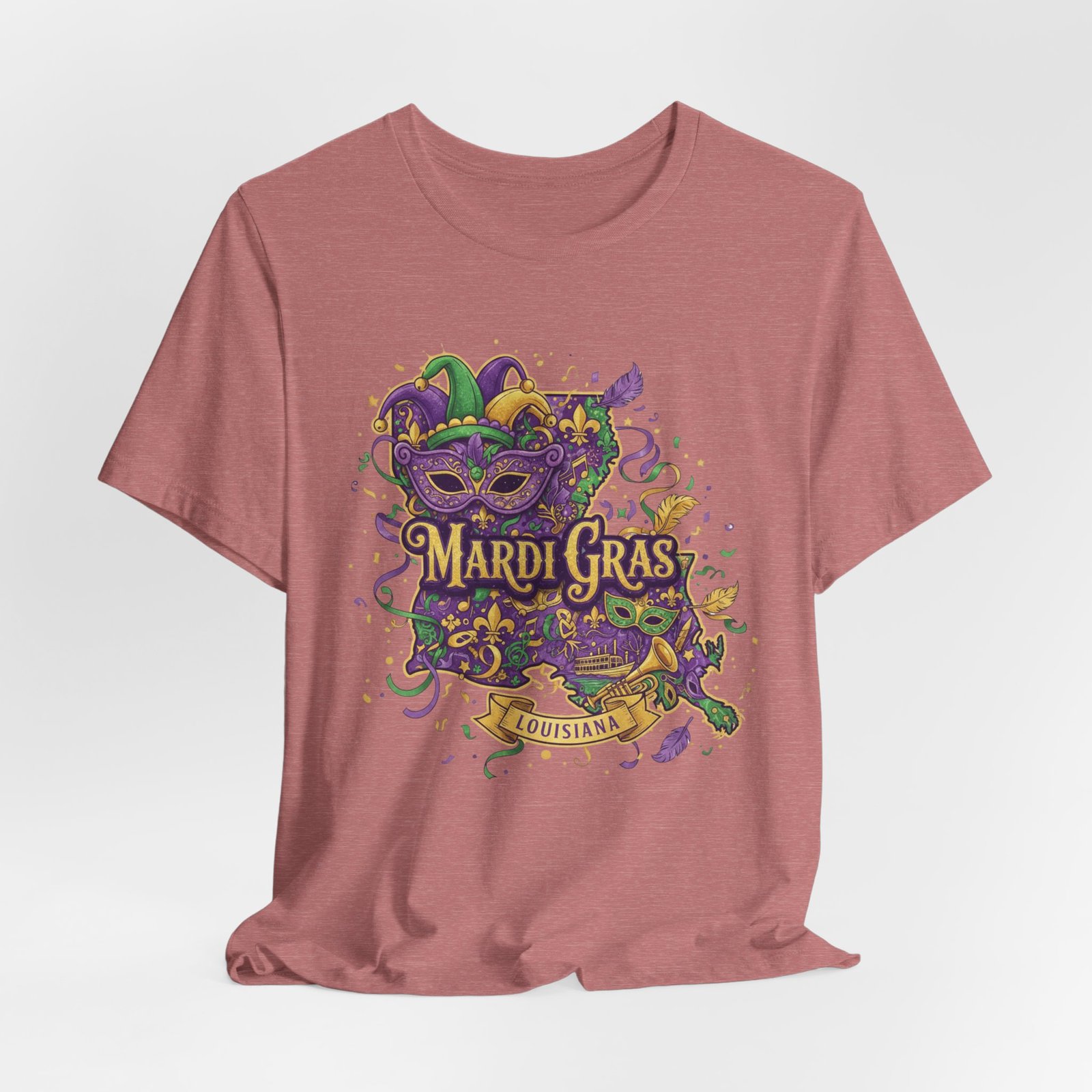 Louisiana Mardi Gras State Silhouette T-Shirt | Purple Green Gold - Image 15
