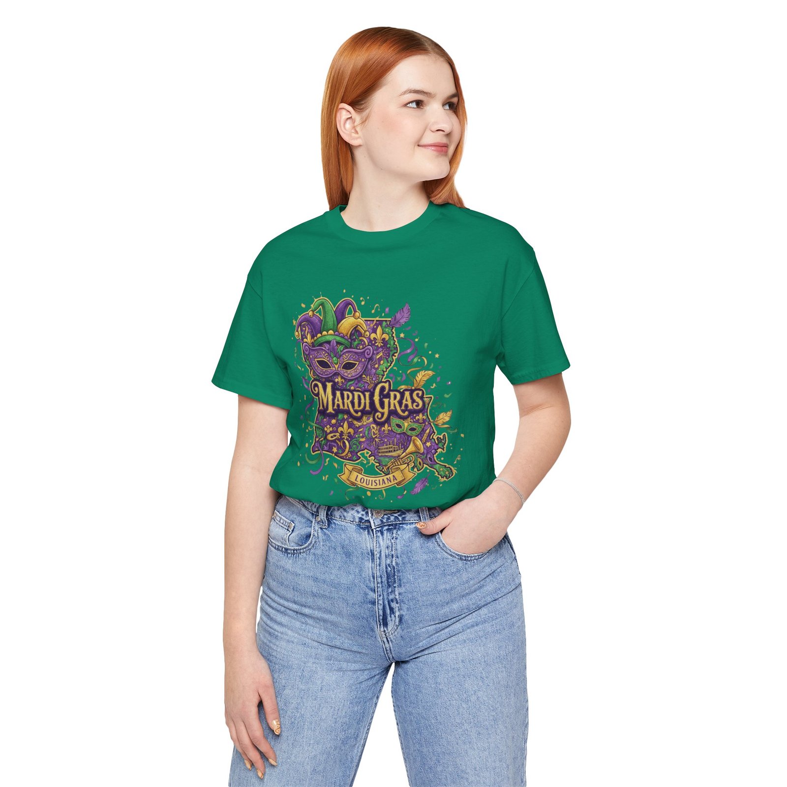 Louisiana Mardi Gras State Silhouette T-Shirt | Purple Green Gold - Image 85