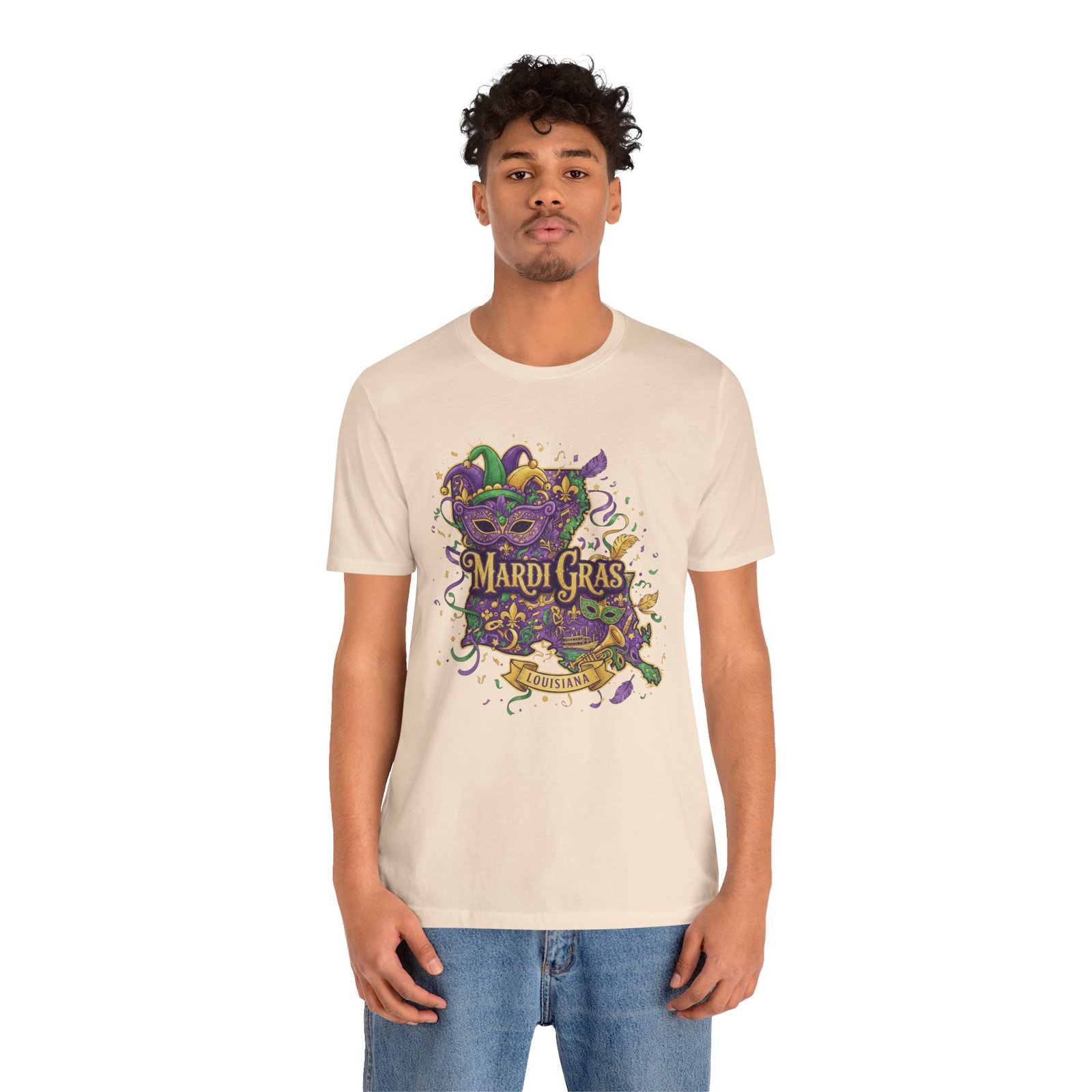 Louisiana Mardi Gras State Silhouette T-Shirt | Purple Green Gold - Image 55