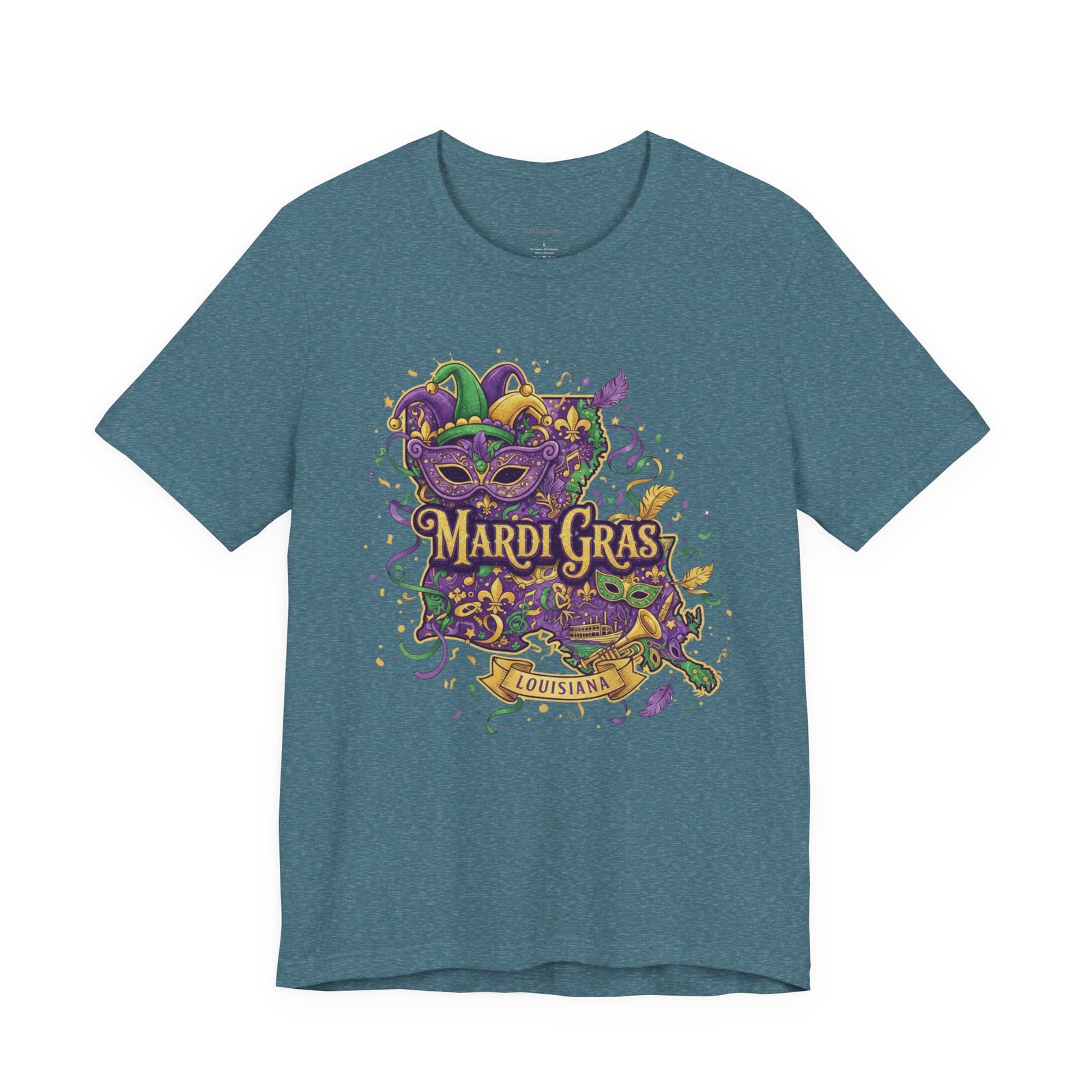 Louisiana Mardi Gras State Silhouette T-Shirt | Purple Green Gold - Image 144