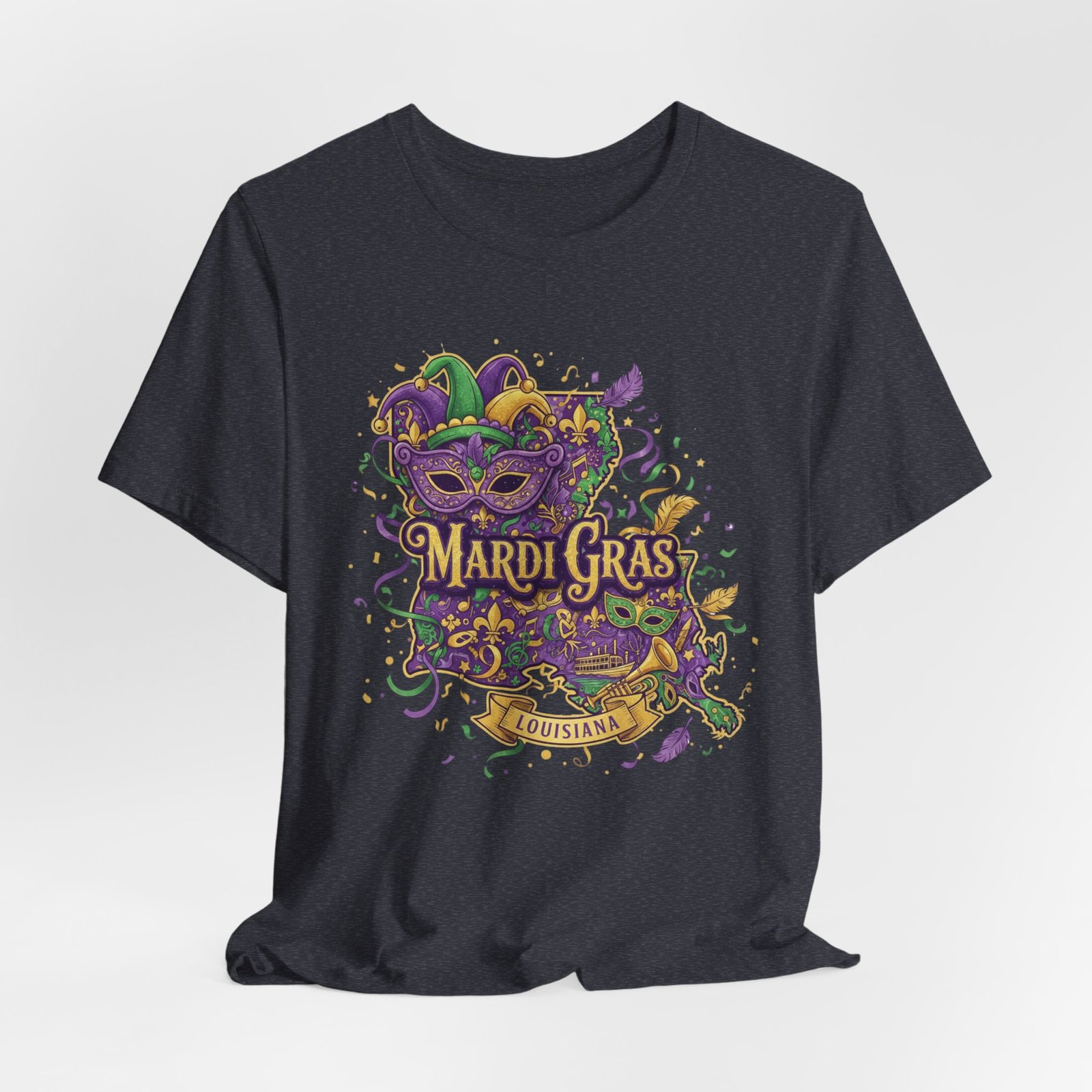 Louisiana Mardi Gras State Silhouette T-Shirt | Purple Green Gold - Image 158