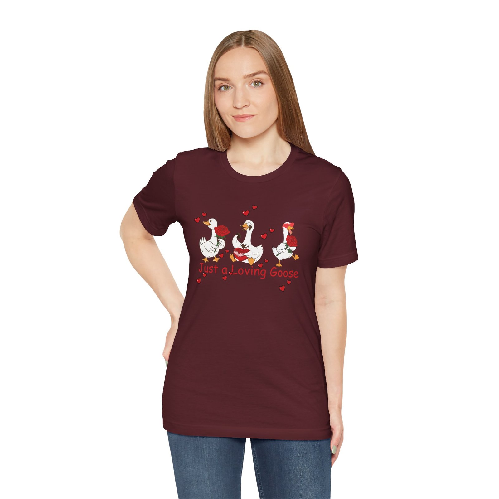 Just a Loving Goose Tee | Cute Goose Trio with Roses & Hearts - Image 77