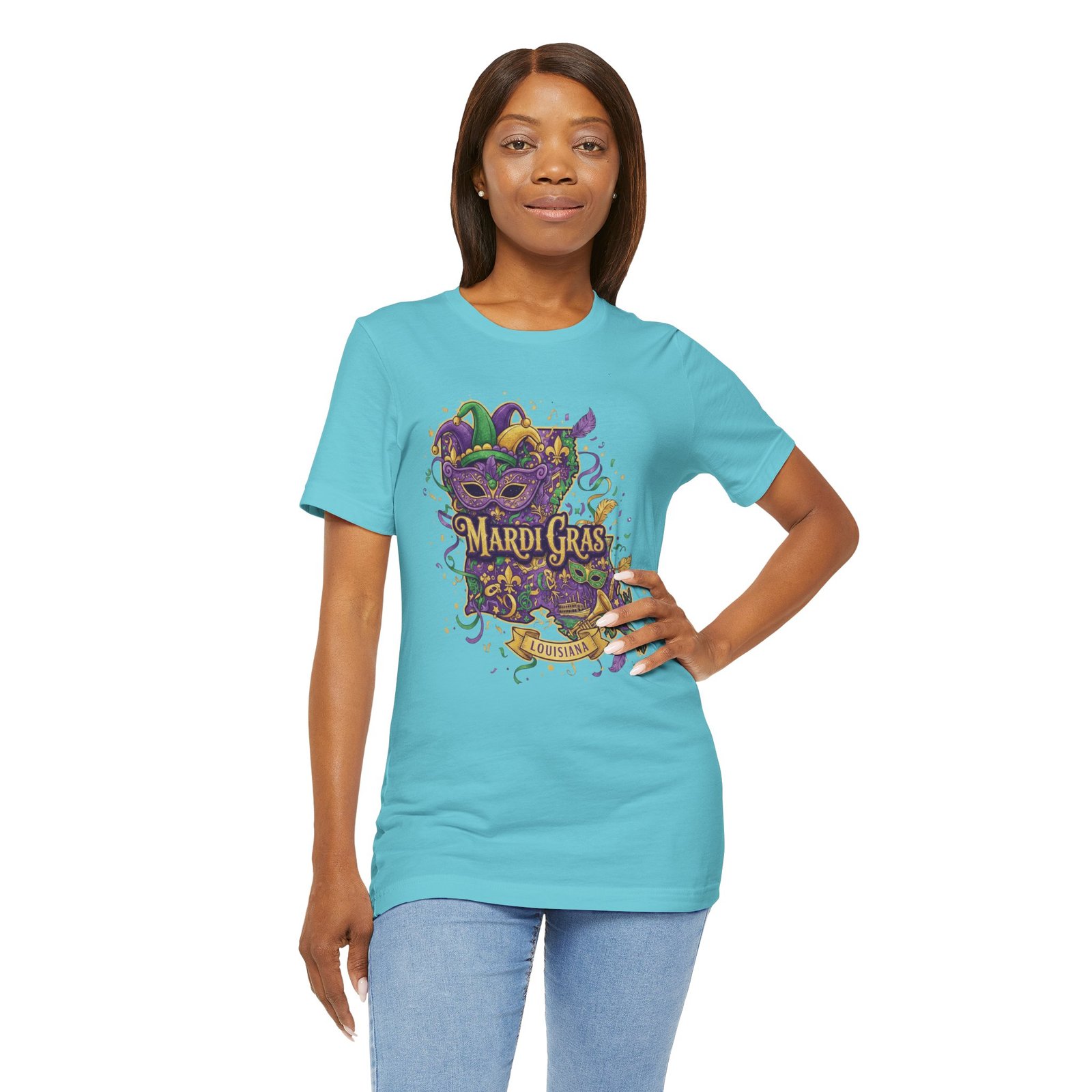 Louisiana Mardi Gras State Silhouette T-Shirt | Purple Green Gold - Image 128