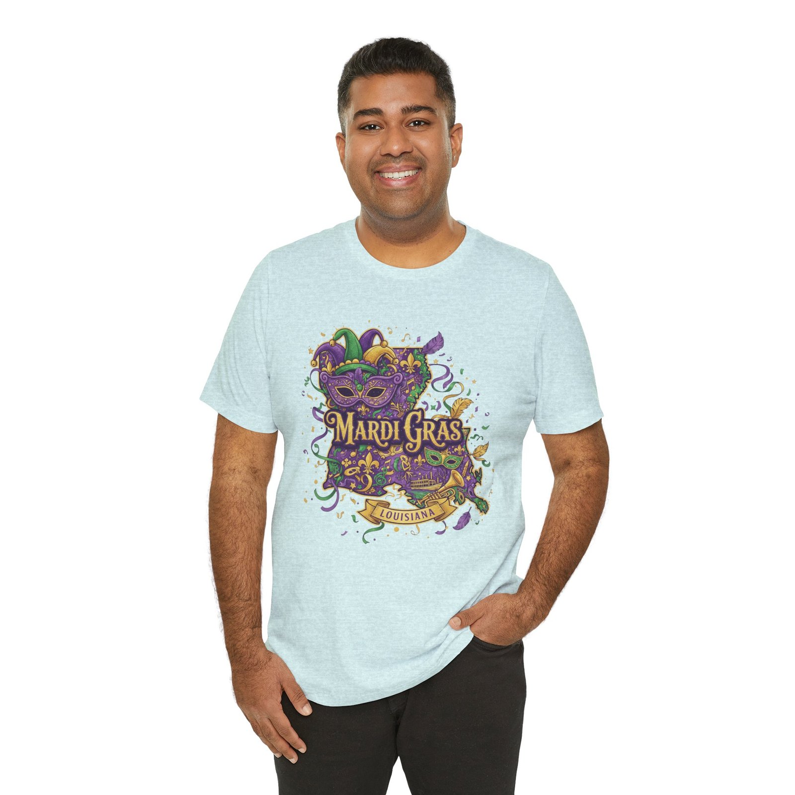 Louisiana Mardi Gras State Silhouette T-Shirt | Purple Green Gold - Image 108