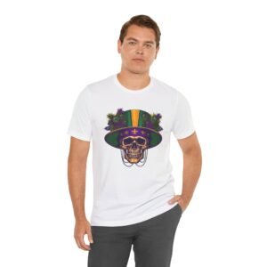 Mardi Gras Sugar Skull T-Shirt | Carnival Calavera Fleur-de-Lis, Peacock Feather