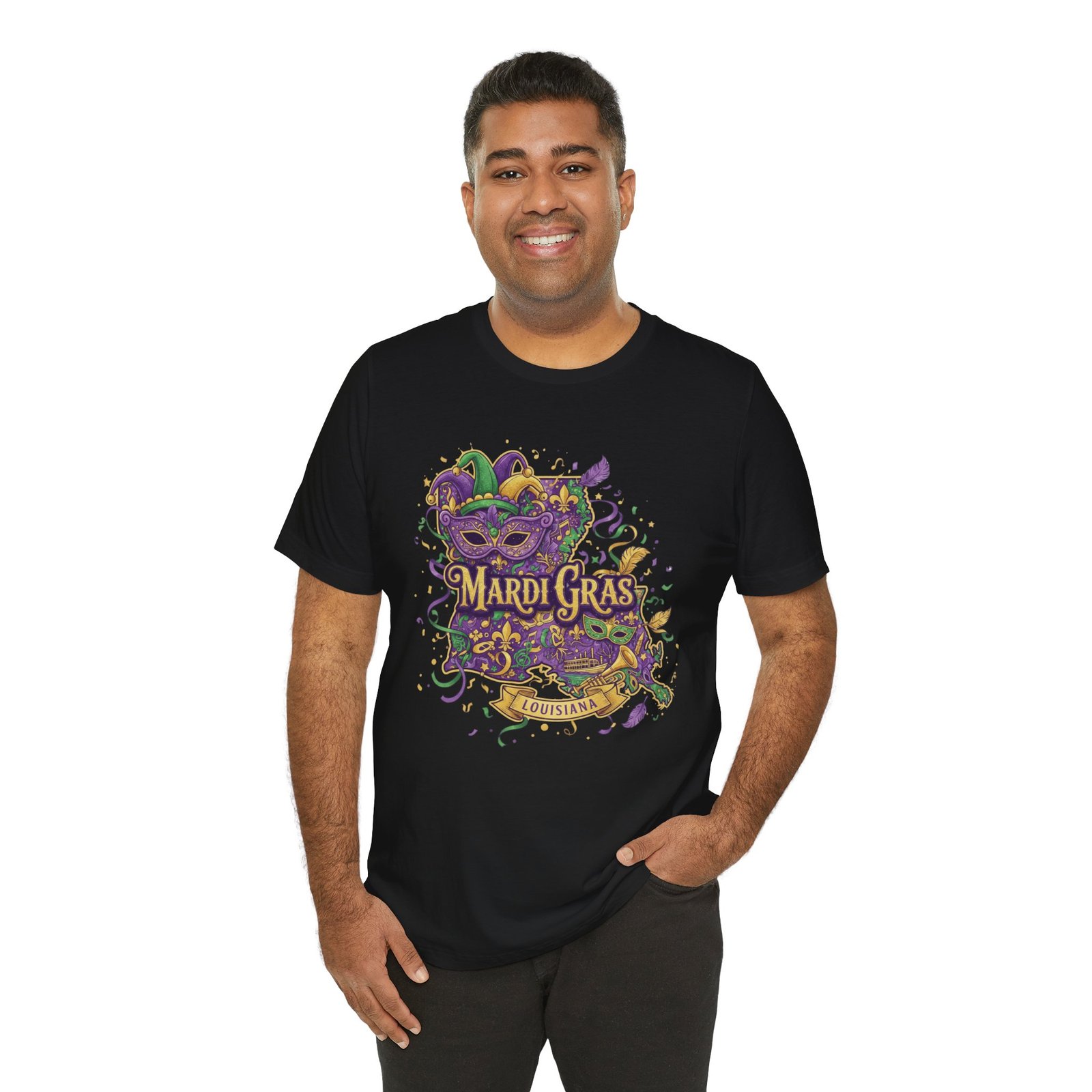 Louisiana Mardi Gras State Silhouette T-Shirt | Purple Green Gold - Image 31