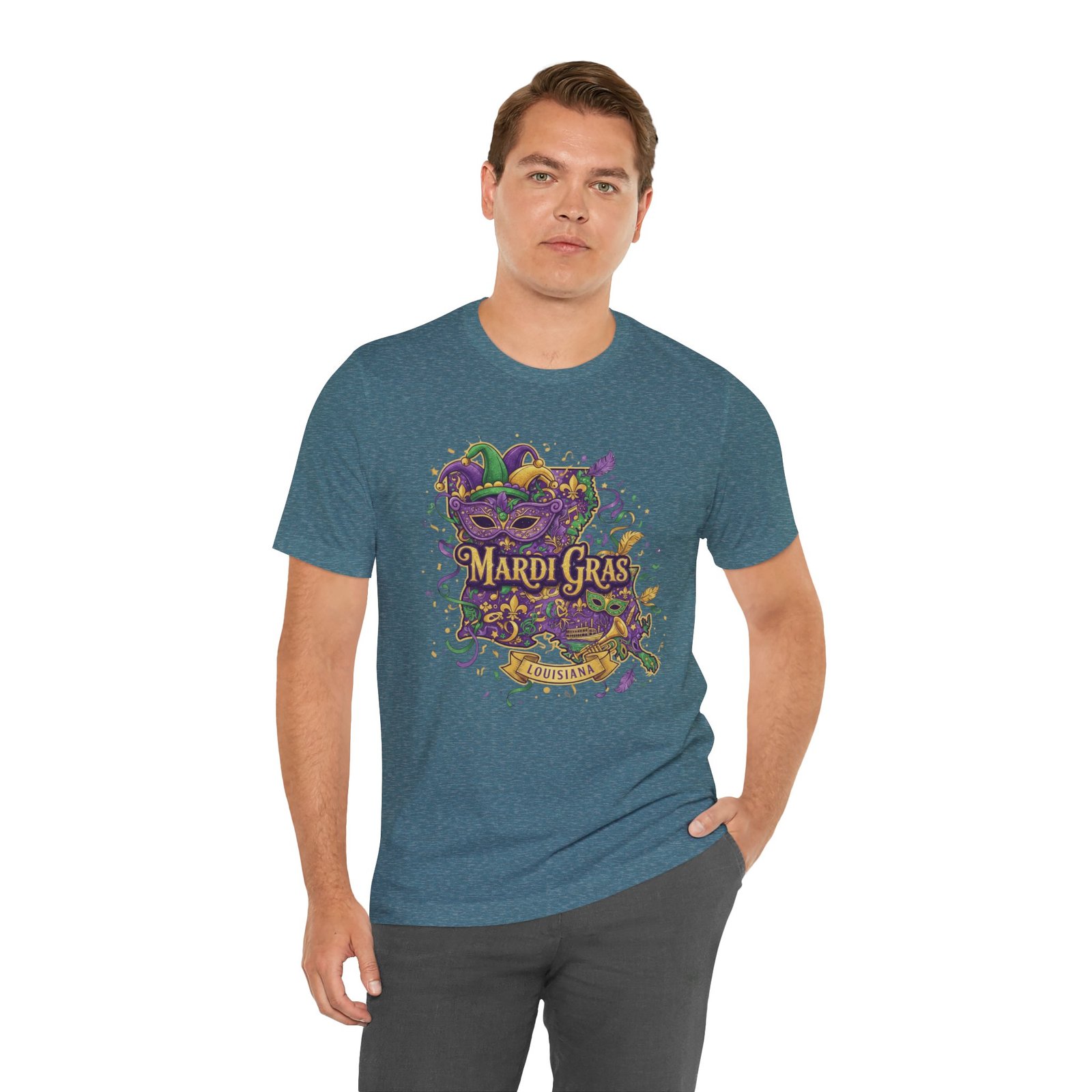 Louisiana Mardi Gras State Silhouette T-Shirt | Purple Green Gold - Image 153