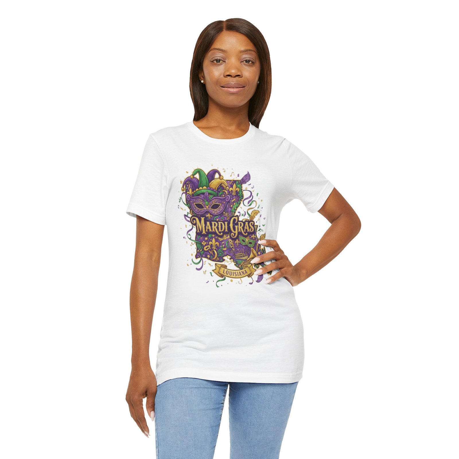 Louisiana Mardi Gras State Silhouette T-Shirt | Purple Green Gold - Image 7