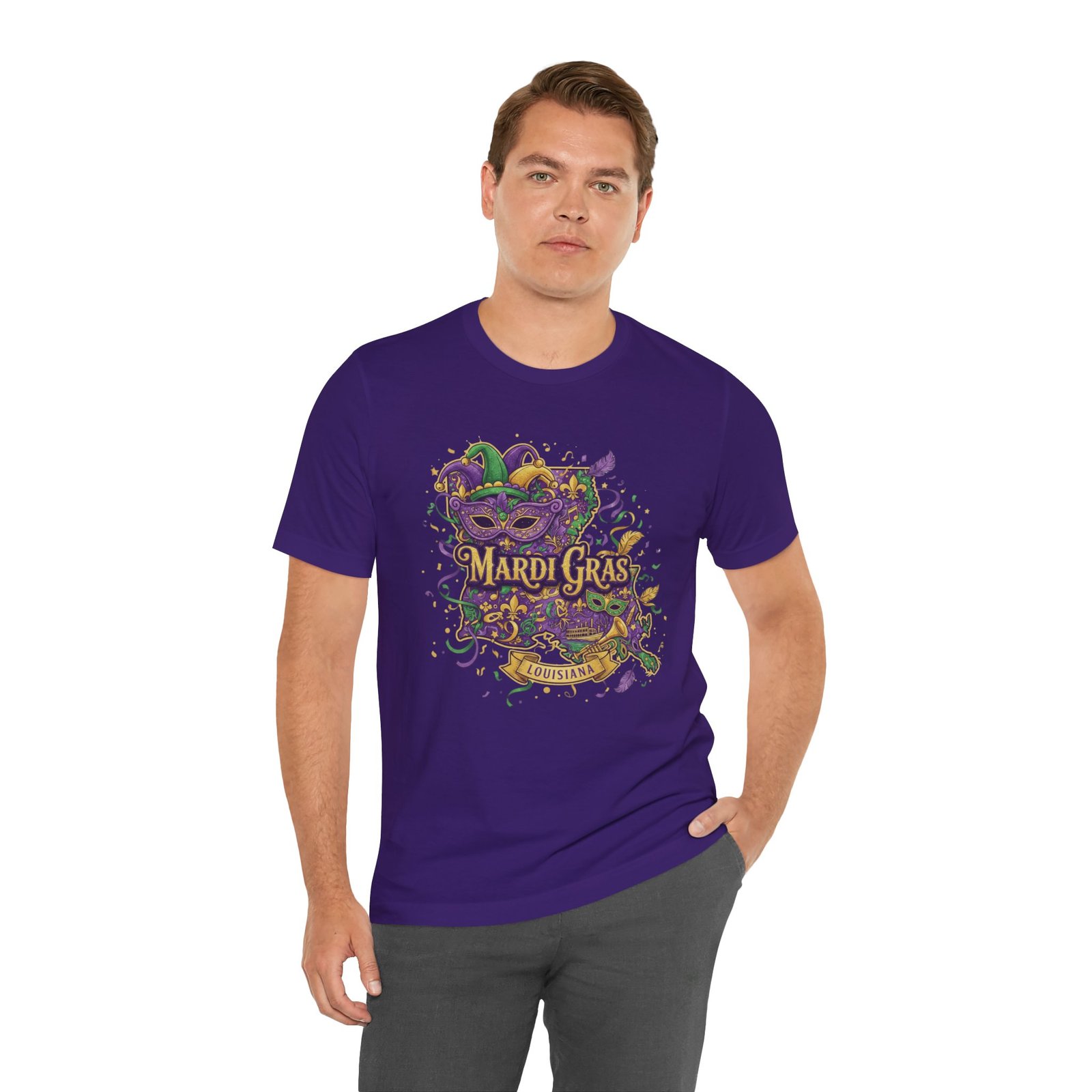 Louisiana Mardi Gras State Silhouette T-Shirt | Purple Green Gold - Image 197