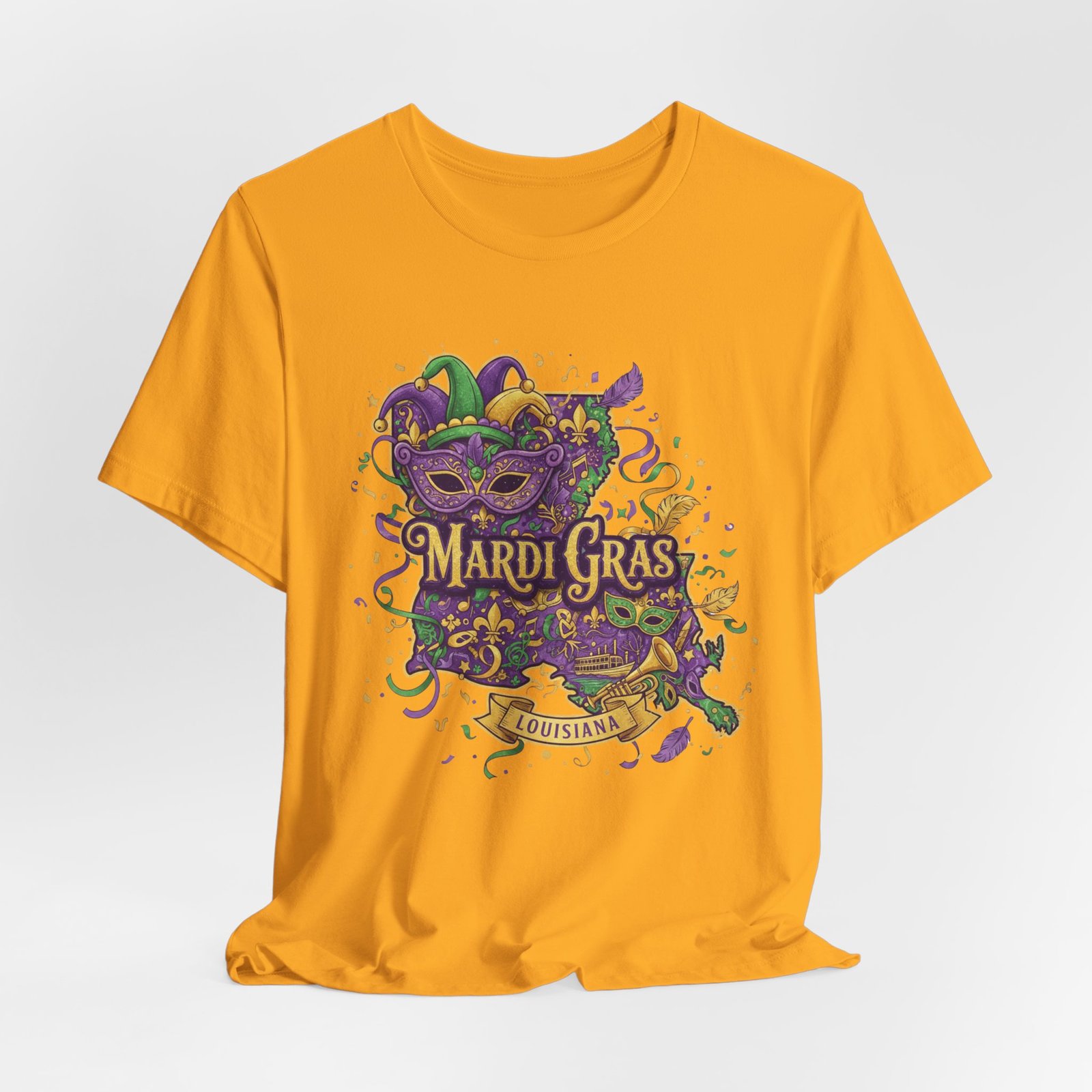 Louisiana Mardi Gras State Silhouette T-Shirt | Purple Green Gold - Image 59