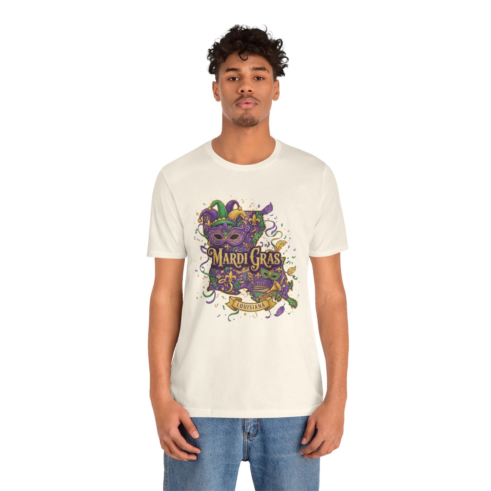 Louisiana Mardi Gras State Silhouette T-Shirt | Purple Green Gold - Image 44