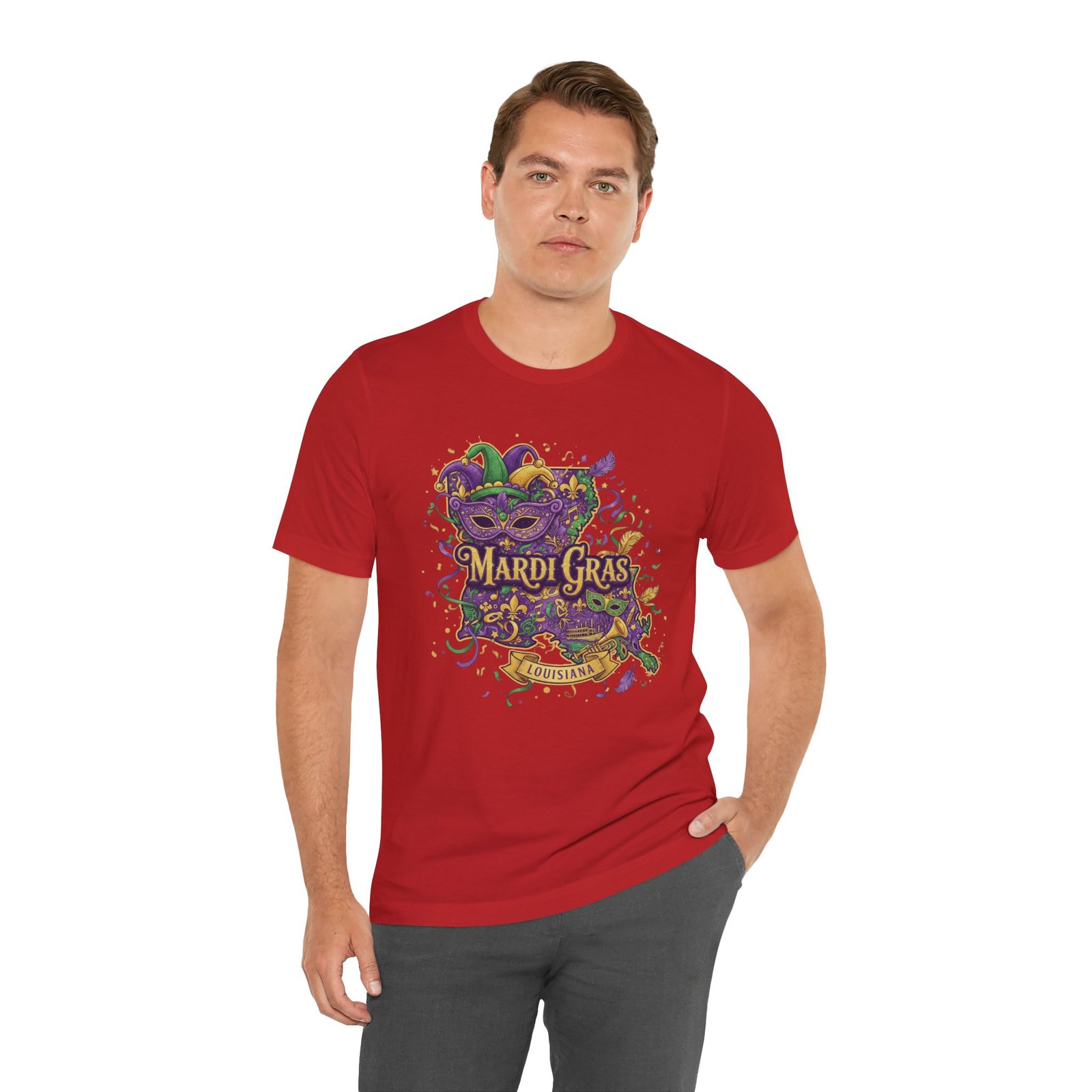Louisiana Mardi Gras State Silhouette T-Shirt | Purple Green Gold - Image 241