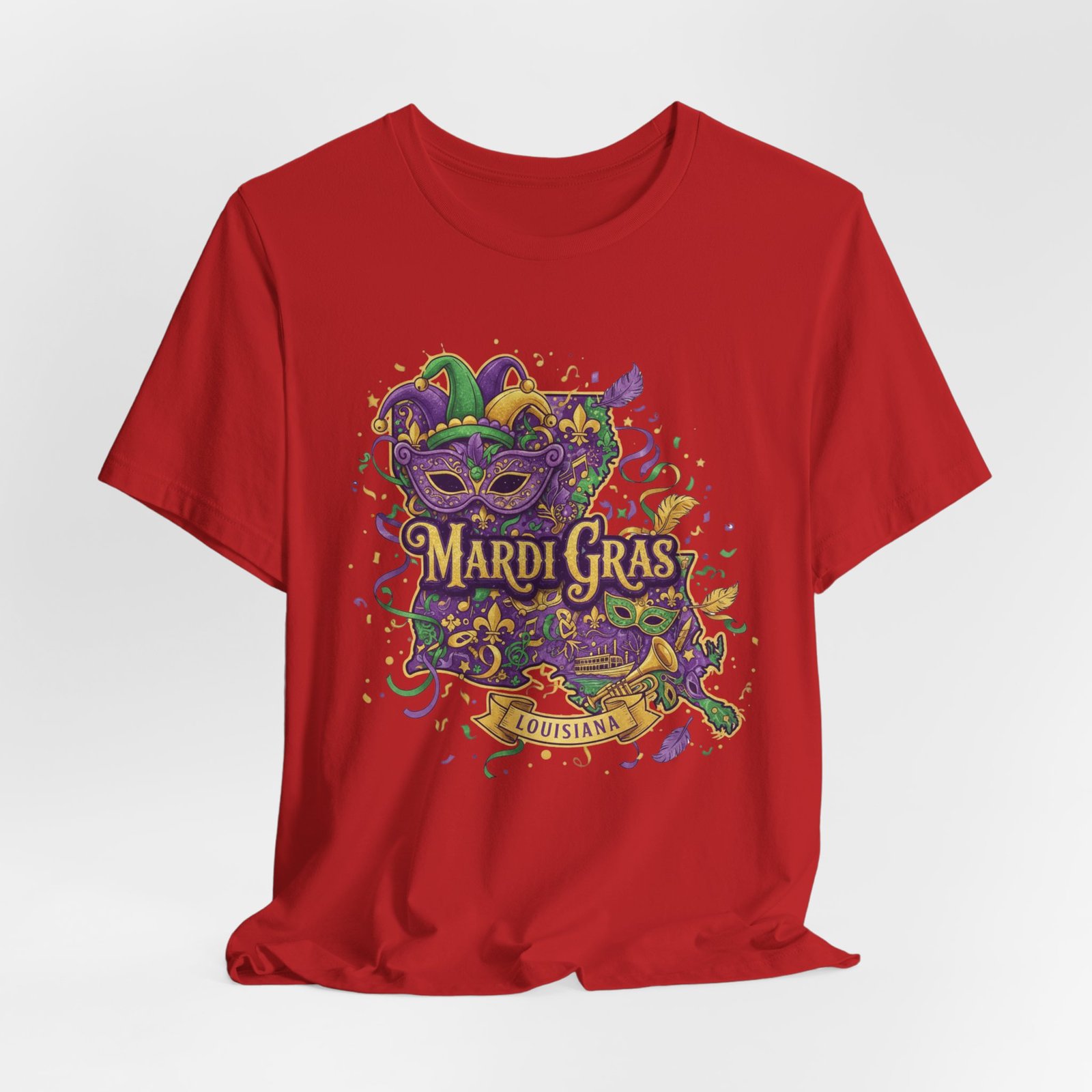 Louisiana Mardi Gras State Silhouette T-Shirt | Purple Green Gold - Image 235